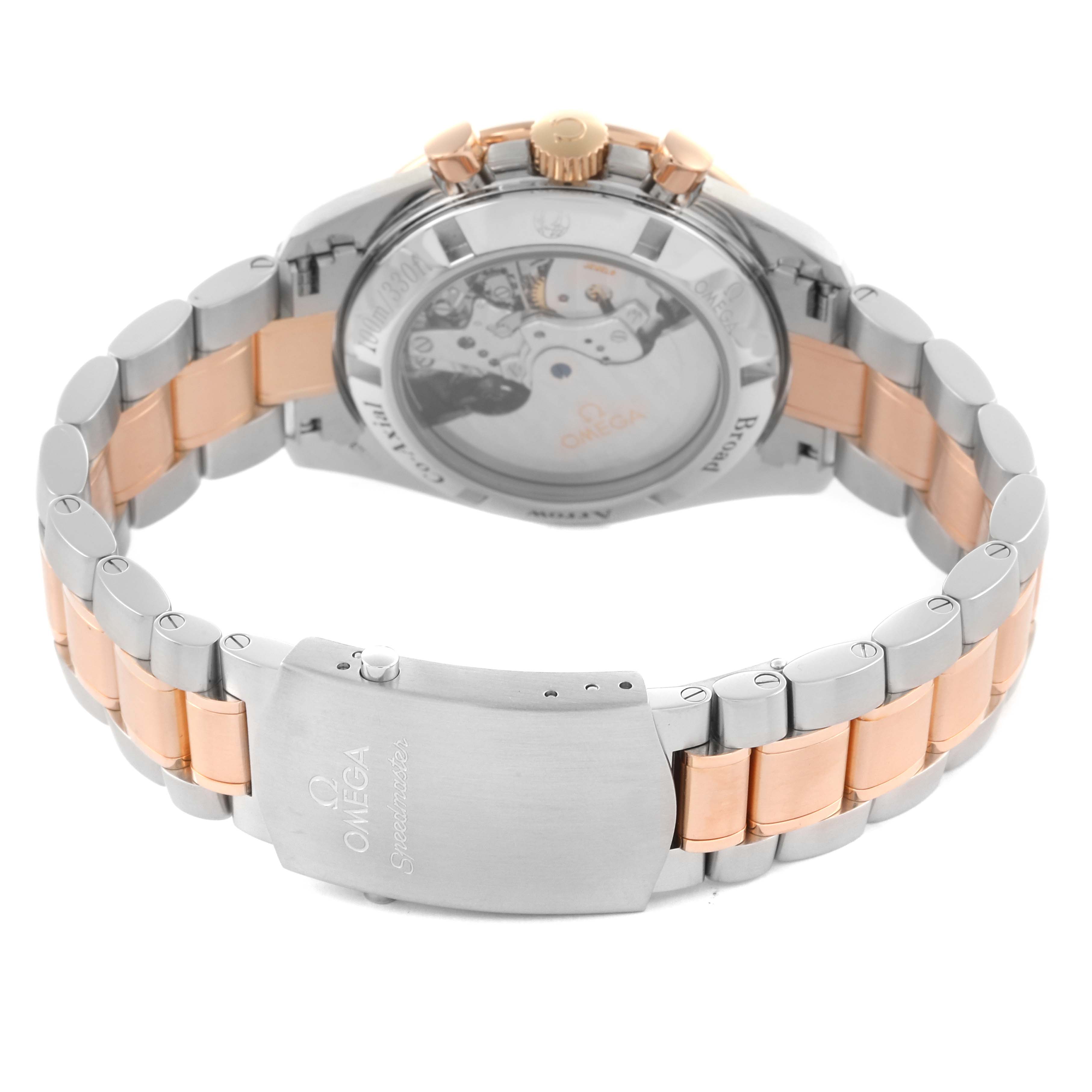 The Omega Speedmaster 321.90.42.50.13.001 Men's Steel and Gold (two tone) Brown Dial 321.90.42.50.13.001 Men's Steel and Gold (two tone) Brown Dial watch is shown from the back, featuring its bracelet, clasp, and exhibition case back.