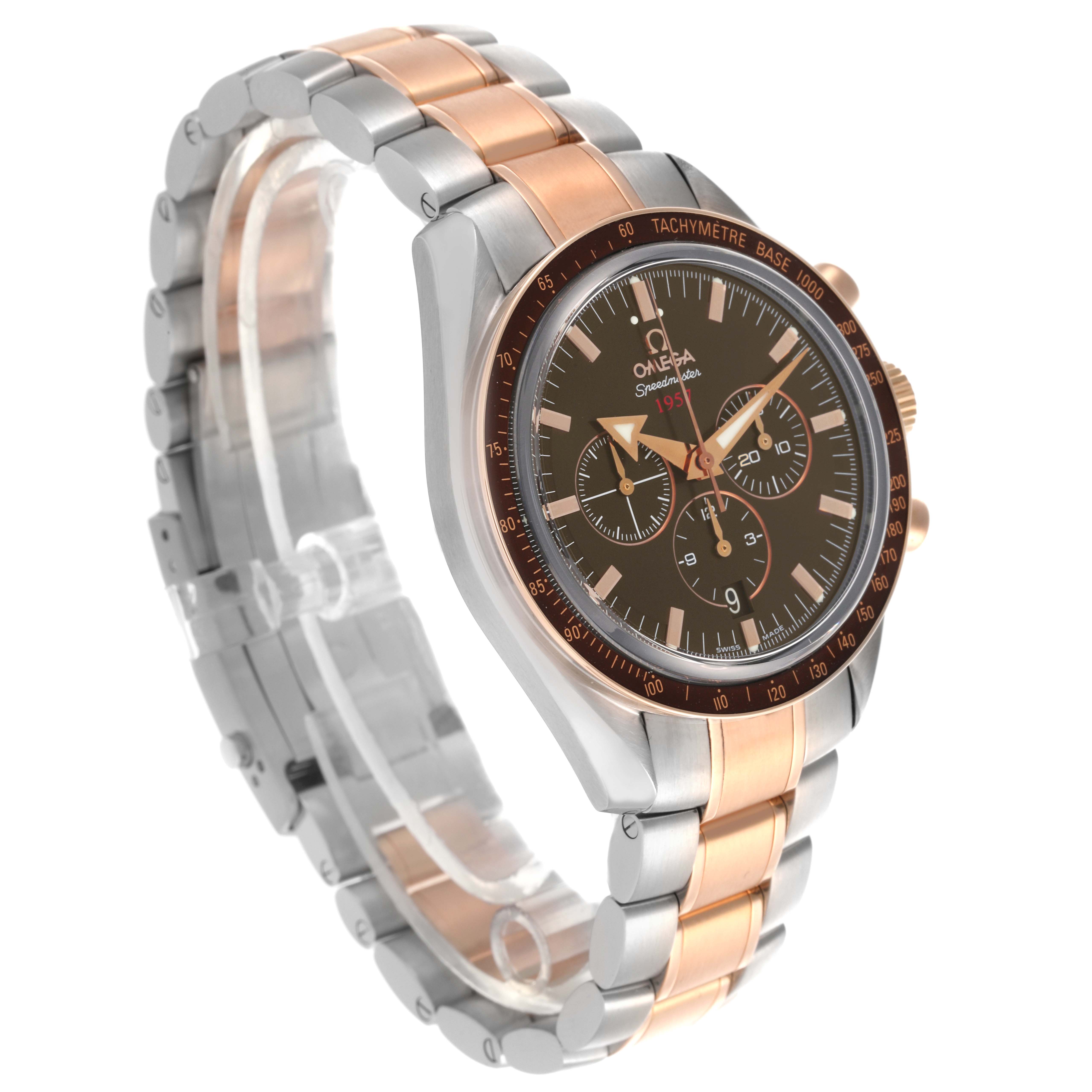 The Omega Speedmaster 321.90.42.50.13.001 Men's Steel and Gold (two tone) Brown Dial 321.90.42.50.13.001 Men's Steel and Gold (two tone) Brown Dial watch is shown at a three-quarter angle highlighting the face, bezel, and bracelet.