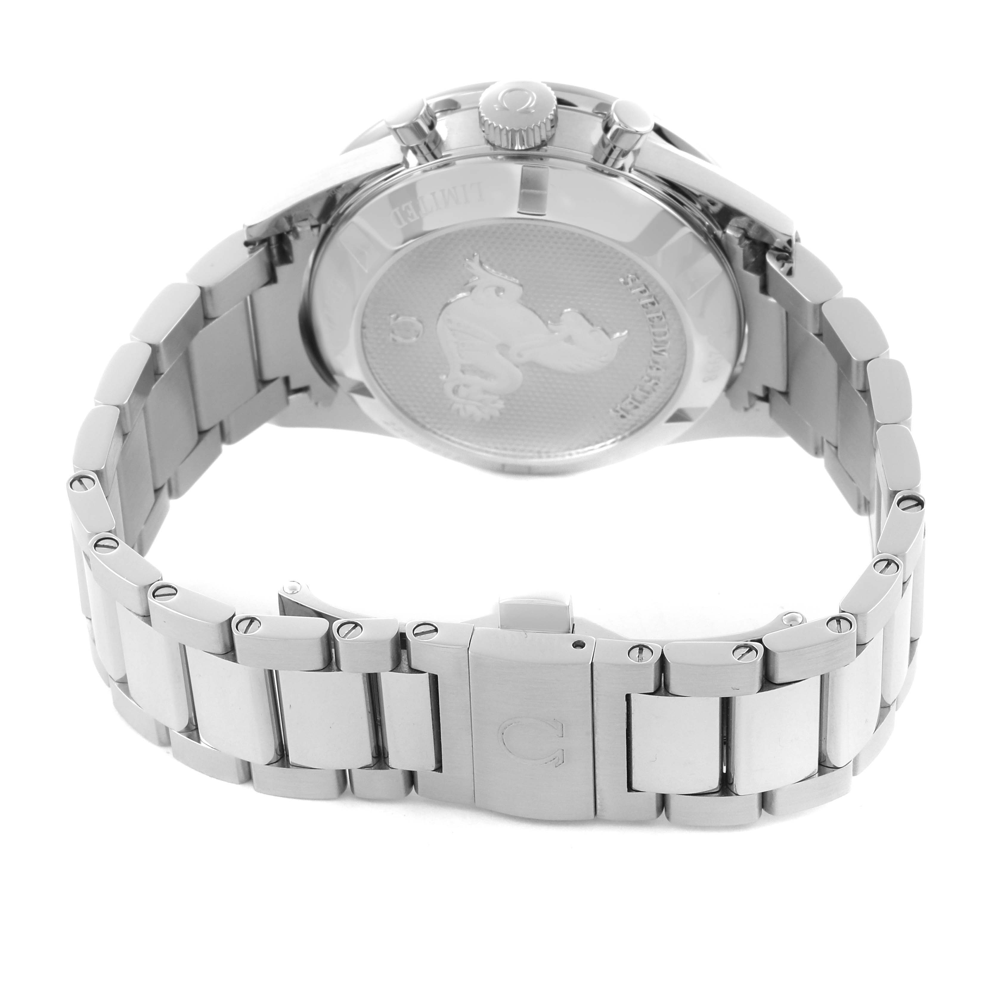 The image shows the back and bracelet of an Omega Speedmaster 311.32.40.30.02.001 Men's Stainless Steel Silver Dial 311.32.40.30.02.001 Men's Stainless Steel Silver Dial, highlighting the clasp and case back.