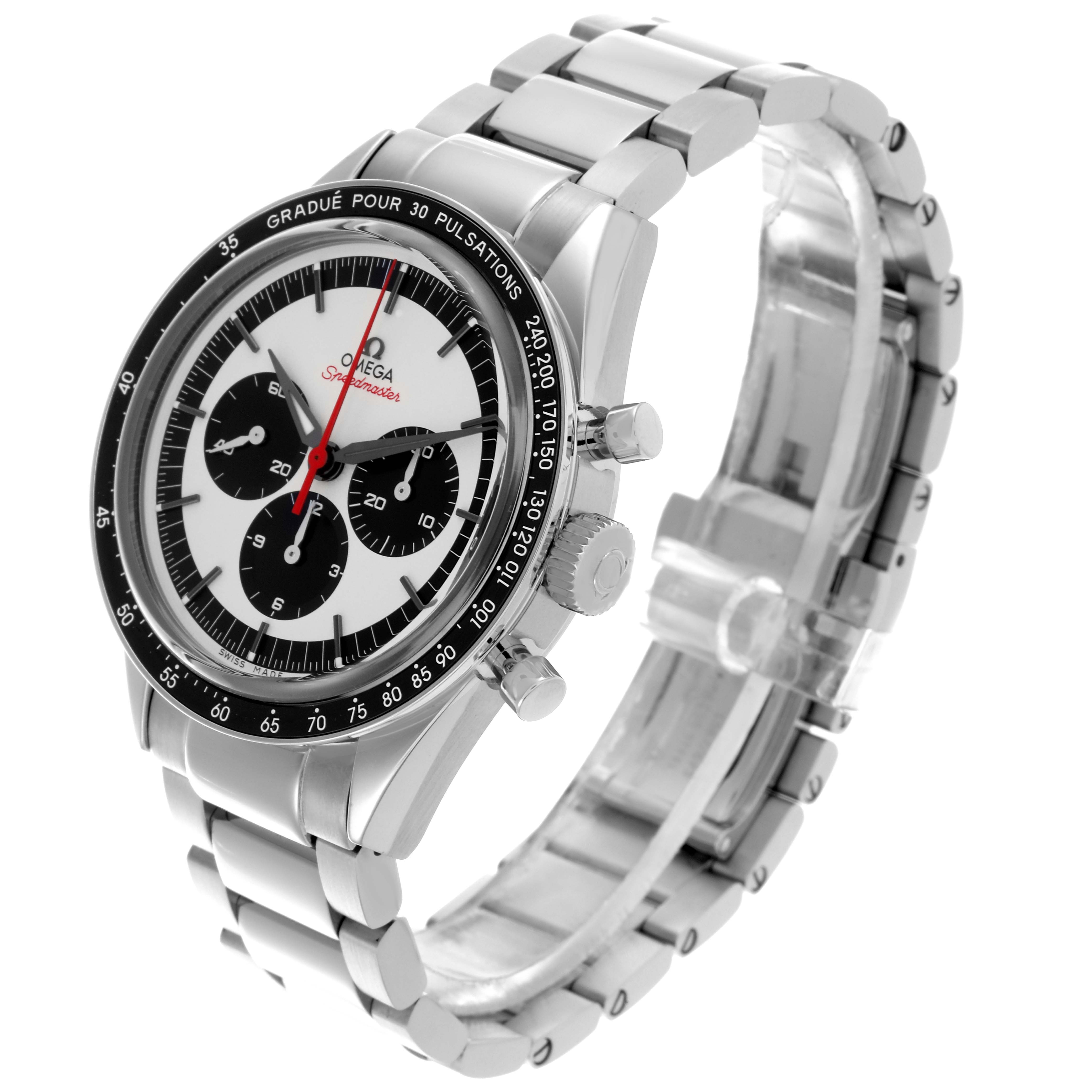 The Omega Speedmaster 311.32.40.30.02.001 Men's Stainless Steel Silver Dial 311.32.40.30.02.001 Men's Stainless Steel Silver Dial watch is shown at a slight angle, displaying the face, bezel, crown, and part of the bracelet.