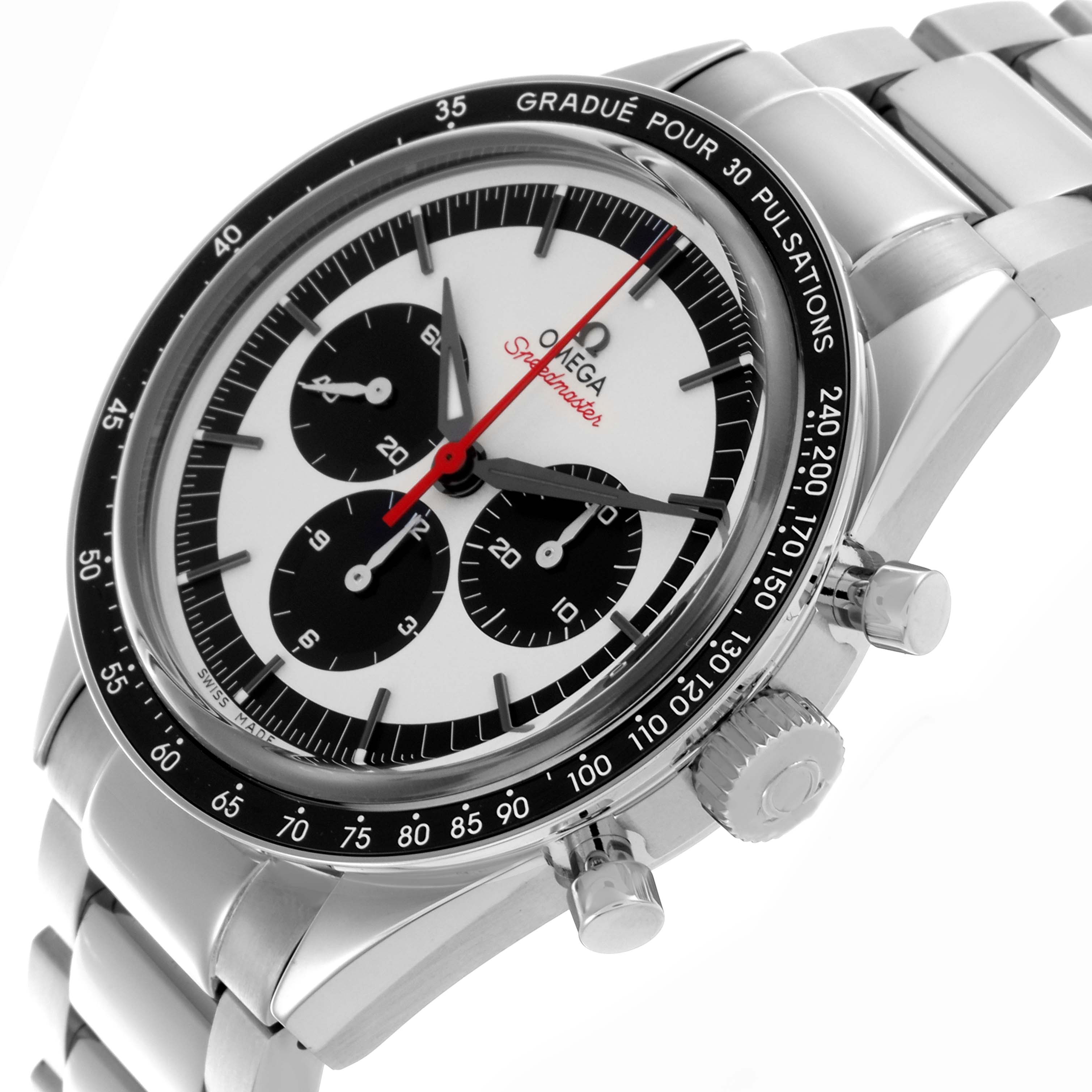 The Omega Speedmaster 311.32.40.30.02.001 Men's Stainless Steel Silver Dial 311.32.40.30.02.001 Men's Stainless Steel Silver Dial watch is shown at a slight angle, highlighting the dial, bezel, pushers, and bracelet.