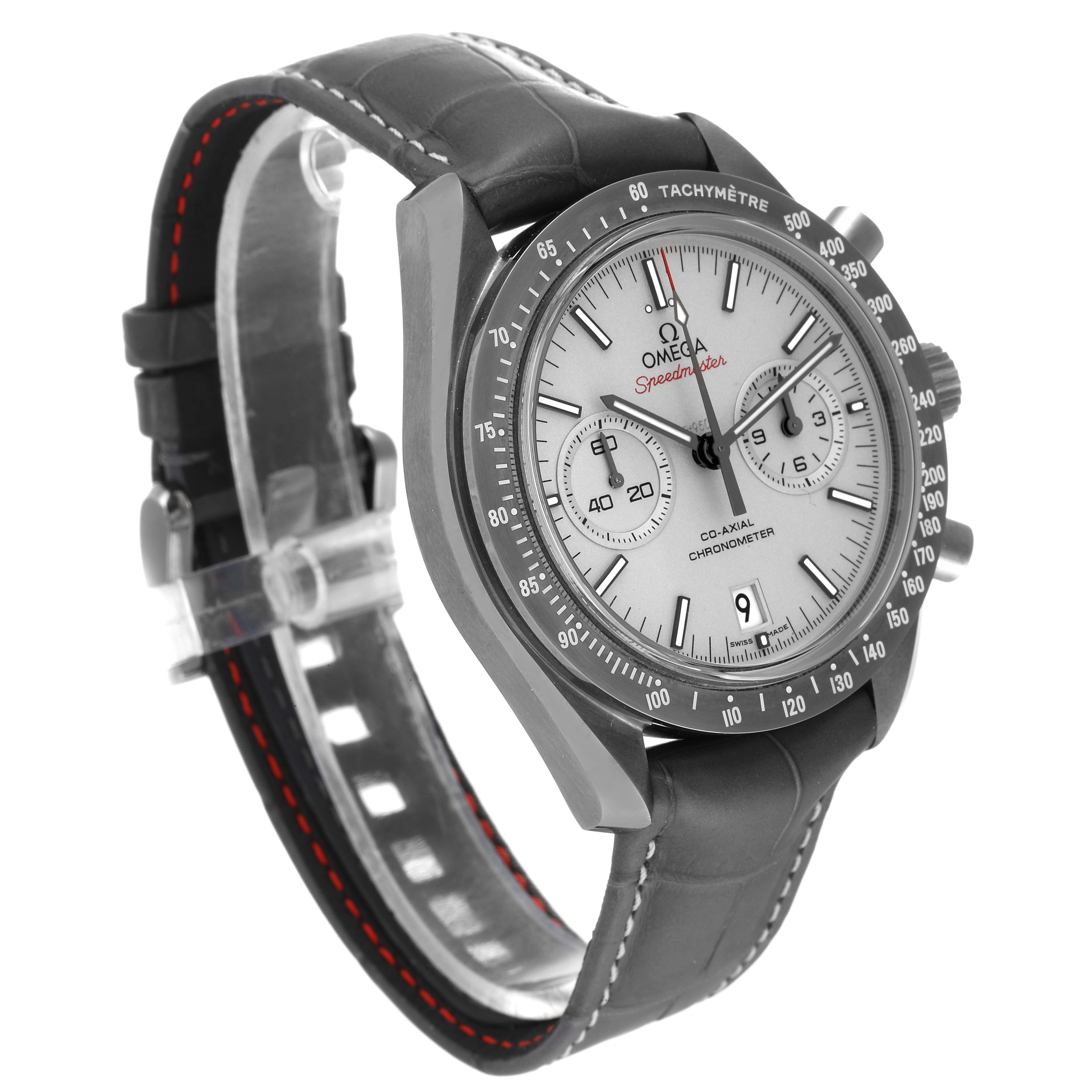 The Omega Speedmaster 311.93.44.51.99.001 Men's Ceramic Silver Dial 311.93.44.51.99.001 Men's Ceramic Silver Dial watch is shown at a three-quarter angle, displaying the face, bezel, crown, and leather strap.