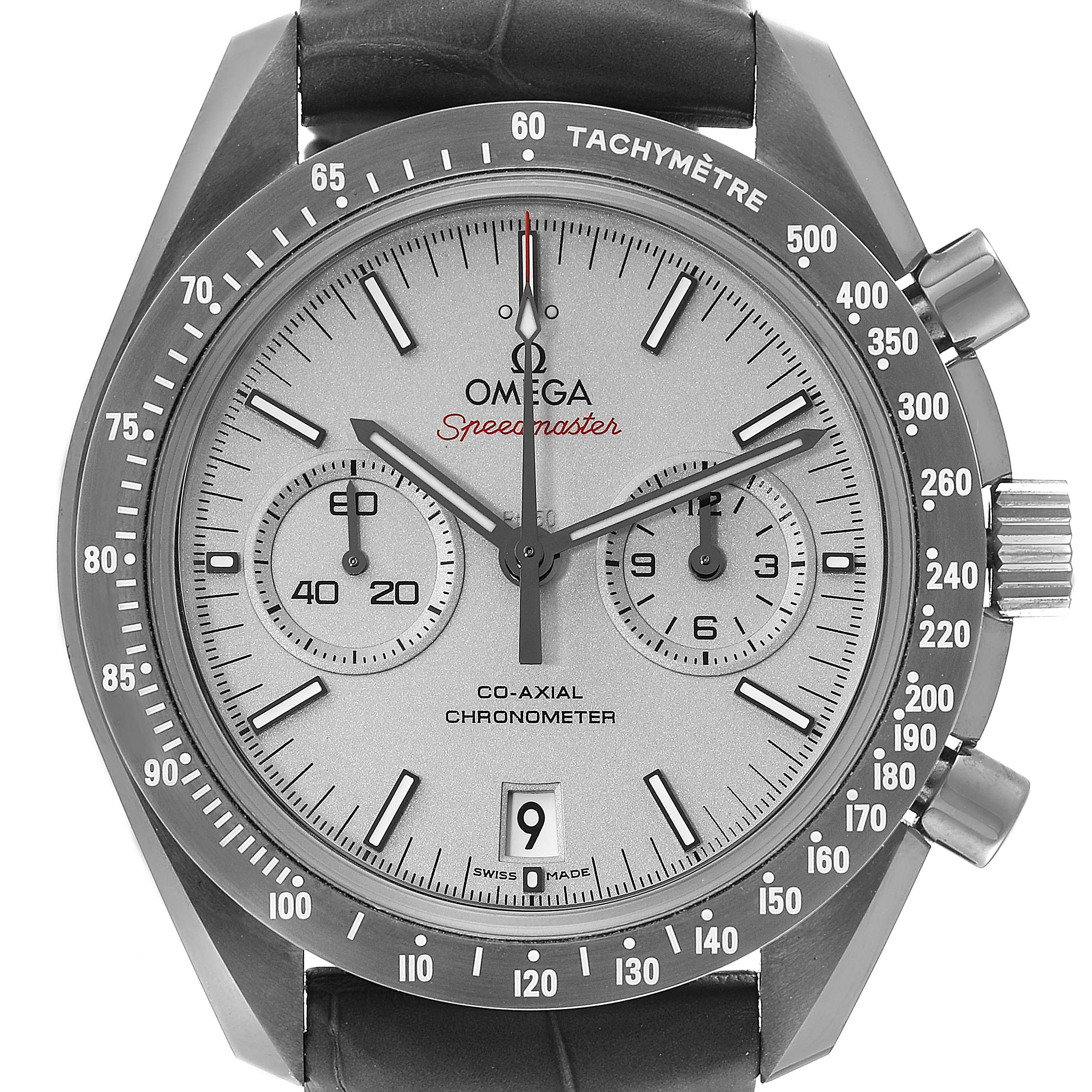 The image shows a front view of the Omega Speedmaster 311.93.44.51.99.001 Men's Ceramic Silver Dial 311.93.44.51.99.001 Men's Ceramic Silver Dial watch, highlighting the tachymeter bezel, sub-dials, and crown.