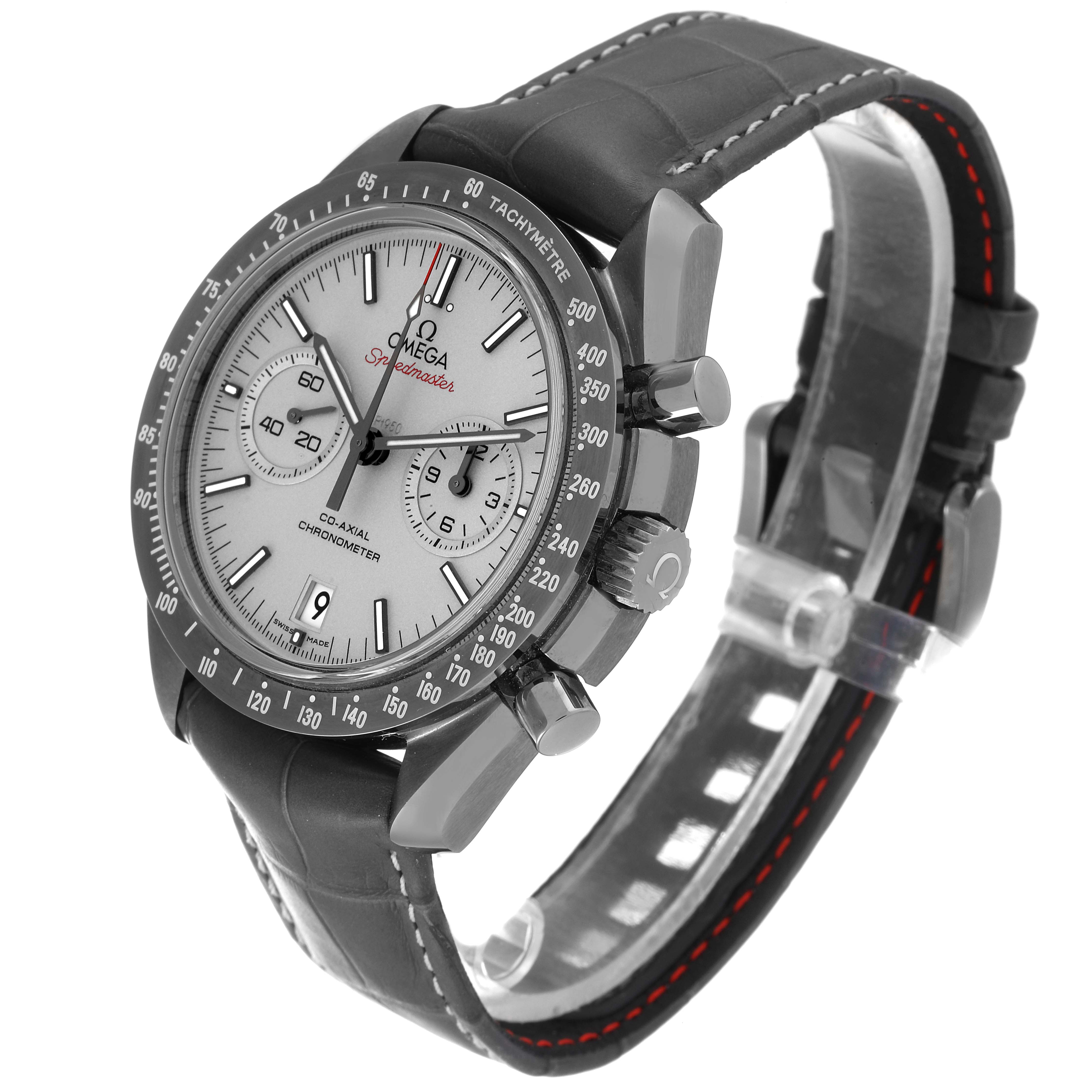 The Omega Speedmaster 311.93.44.51.99.001 Men's Ceramic Silver Dial 311.93.44.51.99.001 Men's Ceramic Silver Dial watch is shown at a 3/4 angle, highlighting its face, strap, crown, and subdials.