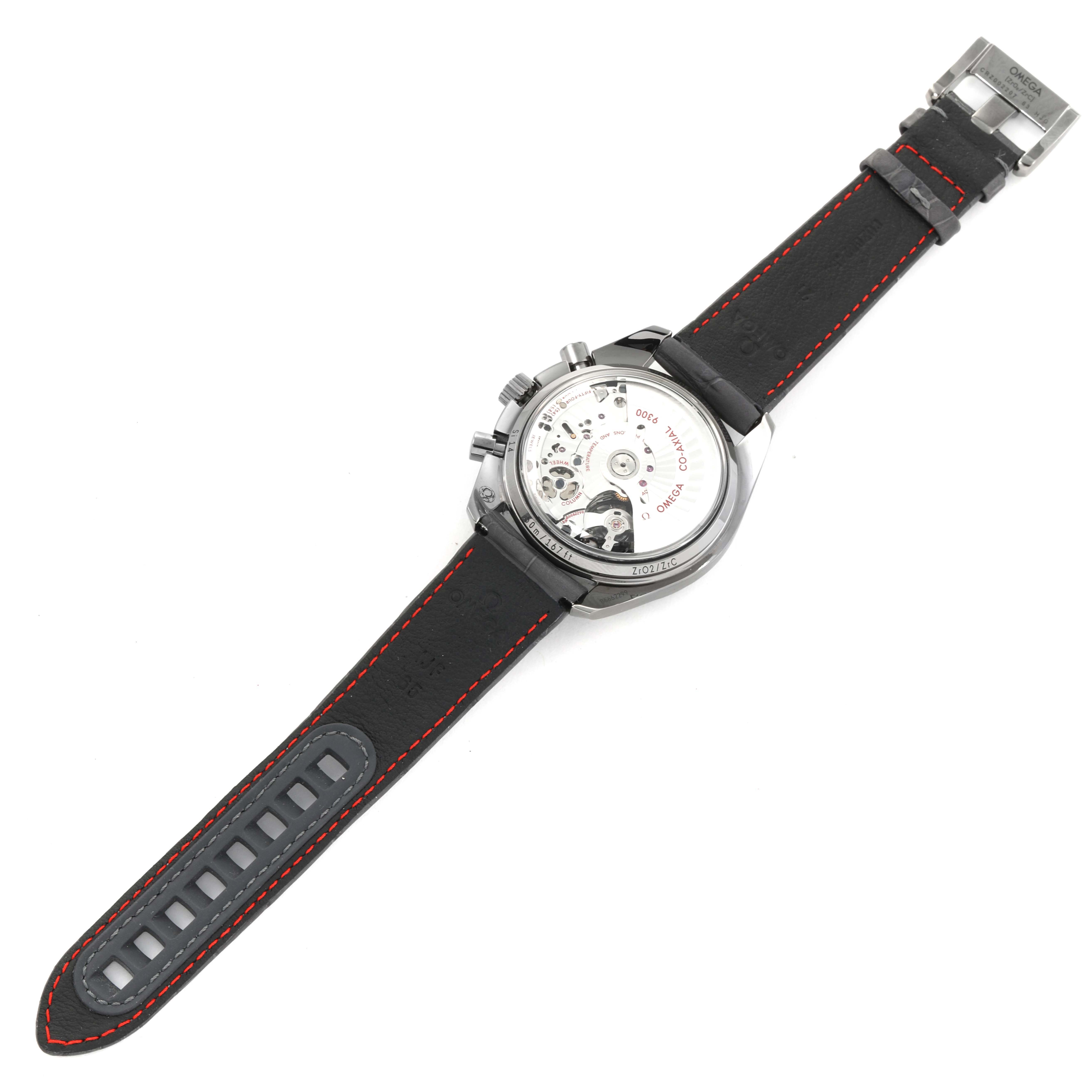 This image shows the back view and movement of the Omega Speedmaster 311.93.44.51.99.001 Men's Ceramic Silver Dial 311.93.44.51.99.001 Men's Ceramic Silver Dial watch, including its strap and clasp.