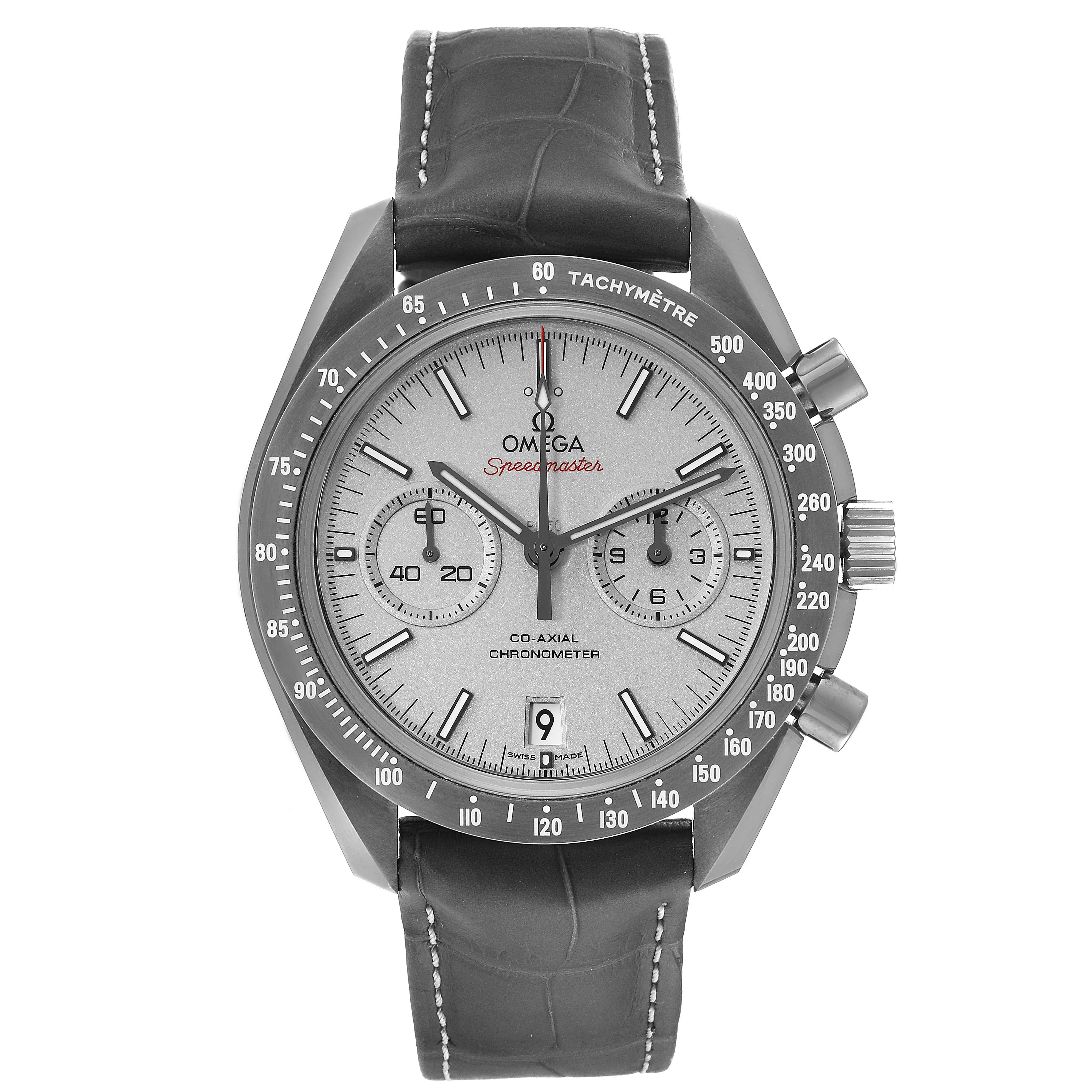 The image shows a front view of an Omega Speedmaster 311.93.44.51.99.001 Men's Ceramic Silver Dial 311.93.44.51.99.001 Men's Ceramic Silver Dial watch, displaying the dial, tachymeter bezel, pushers, and strap.