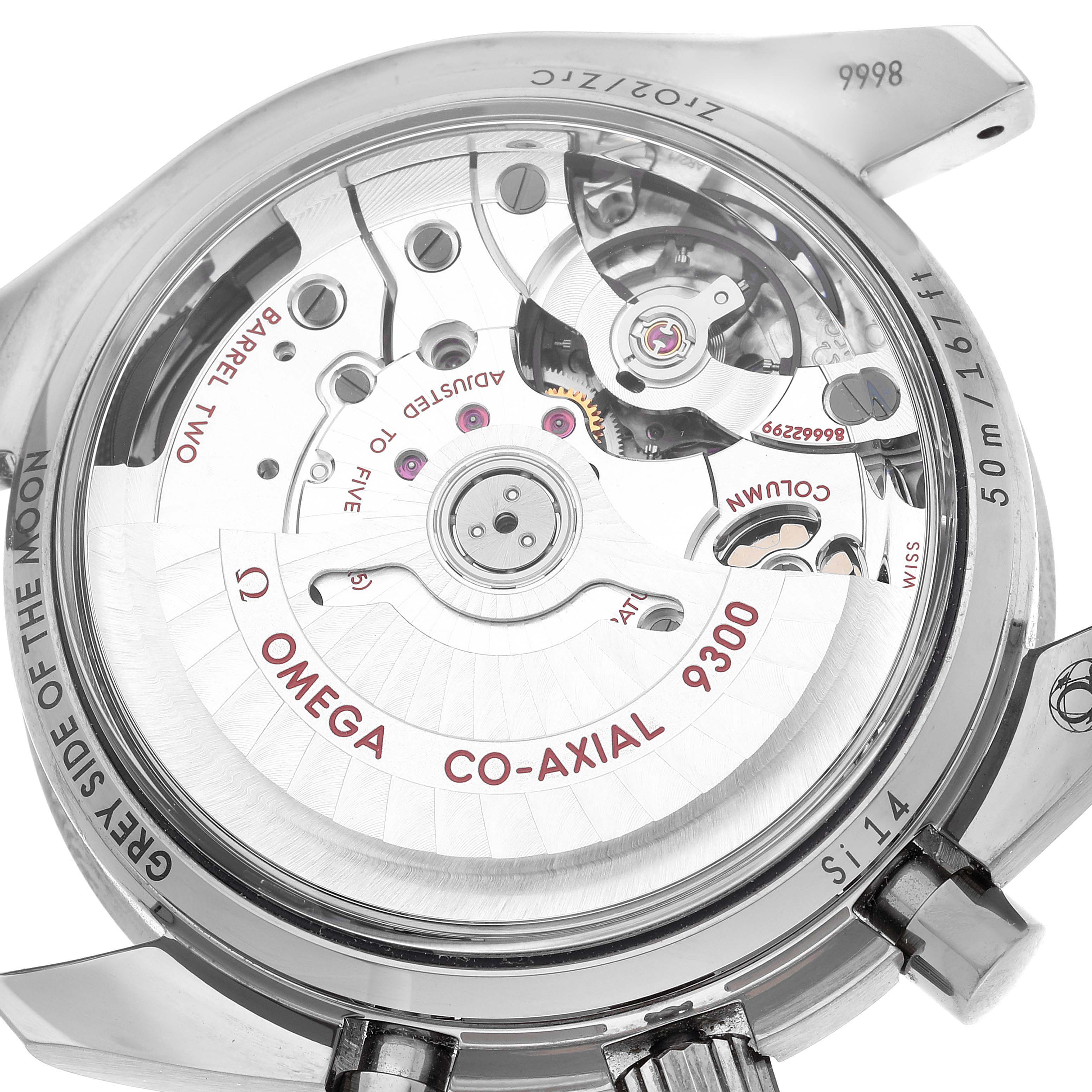 The image shows the back view of the Omega Speedmaster 311.93.44.51.99.001 Men's Ceramic Silver Dial 311.93.44.51.99.001 Men's Ceramic Silver Dial's movement and internal mechanisms.