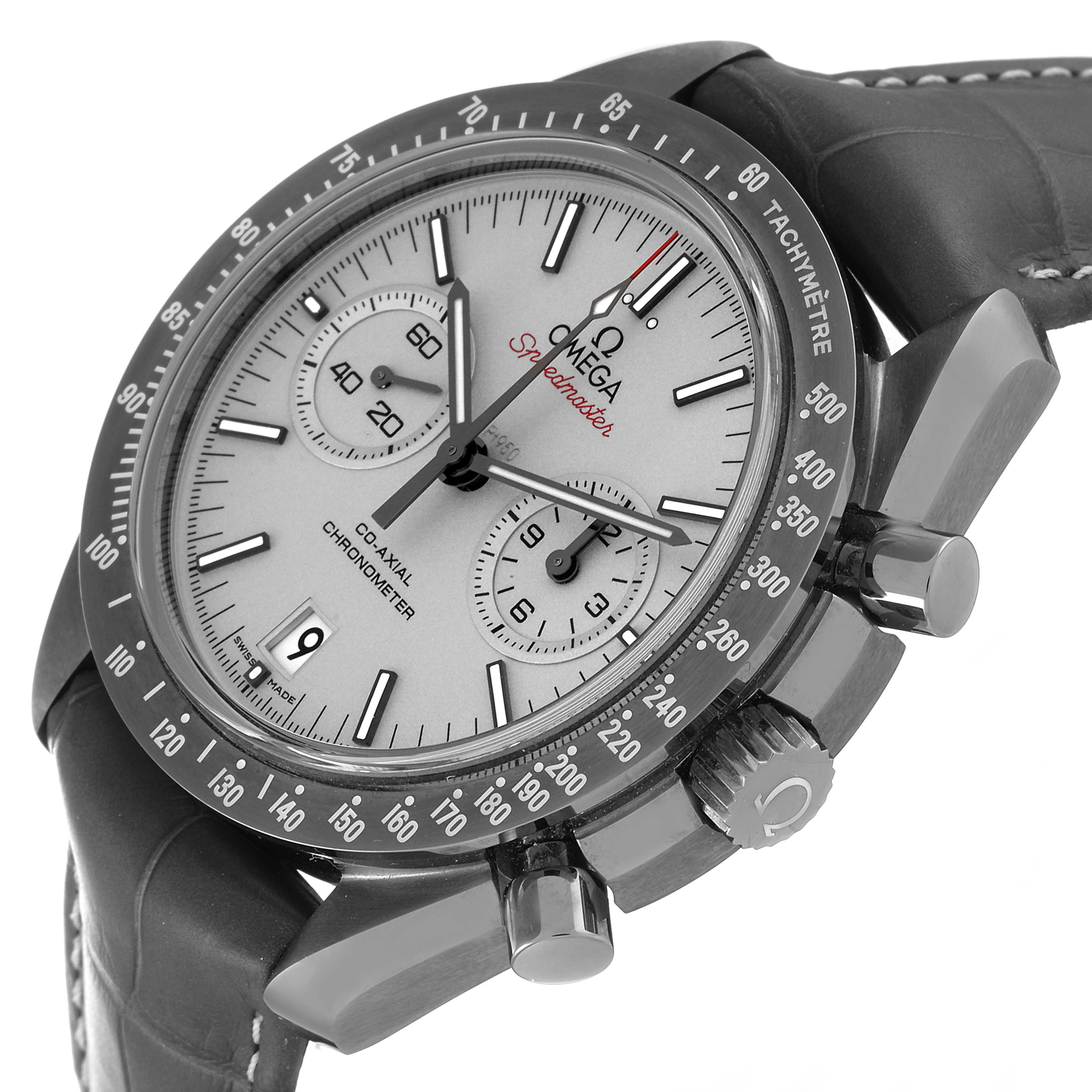 The image shows an angled view of the Omega Speedmaster 311.93.44.51.99.001 Men's Ceramic Silver Dial 311.93.44.51.99.001 Men's Ceramic Silver Dial watch, highlighting its face, tachymeter bezel, and side buttons.