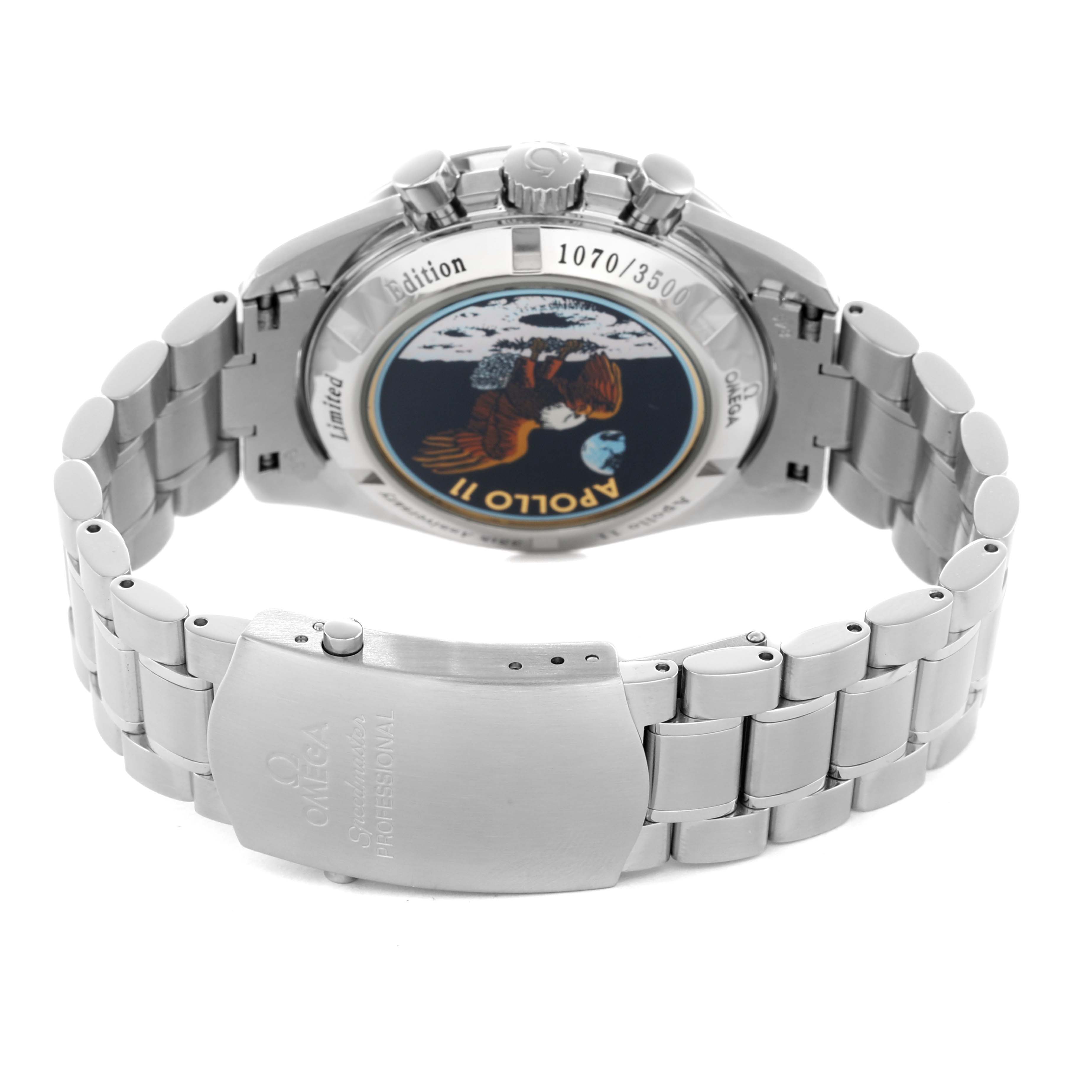 The Omega Speedmaster 3569.31.00 Men's Stainless Steel Silver Dial watch is shown from the back, highlighting the case, bracelet, and clasp with the Apollo 11 insignia.