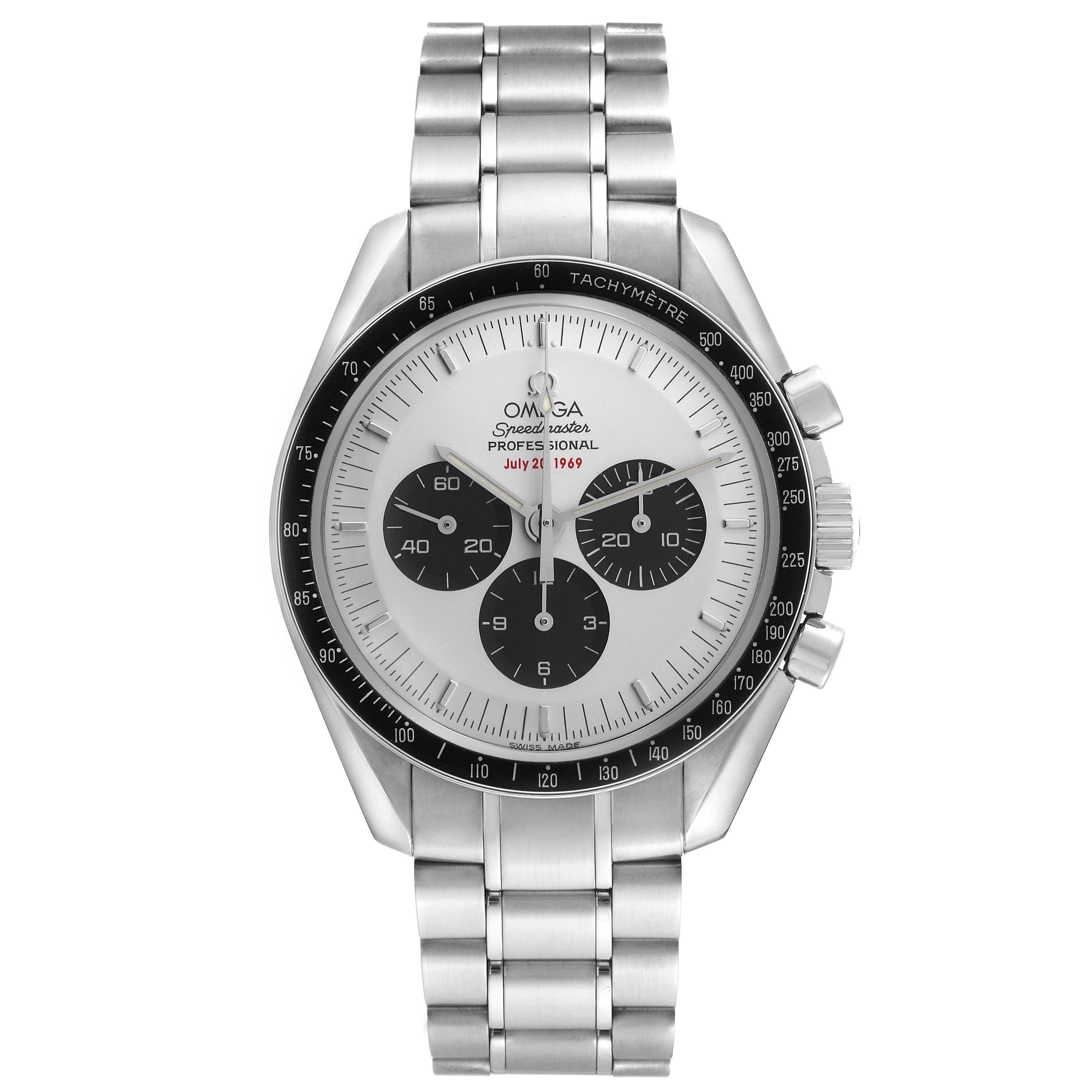 The Omega Speedmaster 3569.31.00 Men's Stainless Steel Silver Dial is shown from a top-down angle, displaying the face, tachymeter bezel, and stainless steel bracelet.