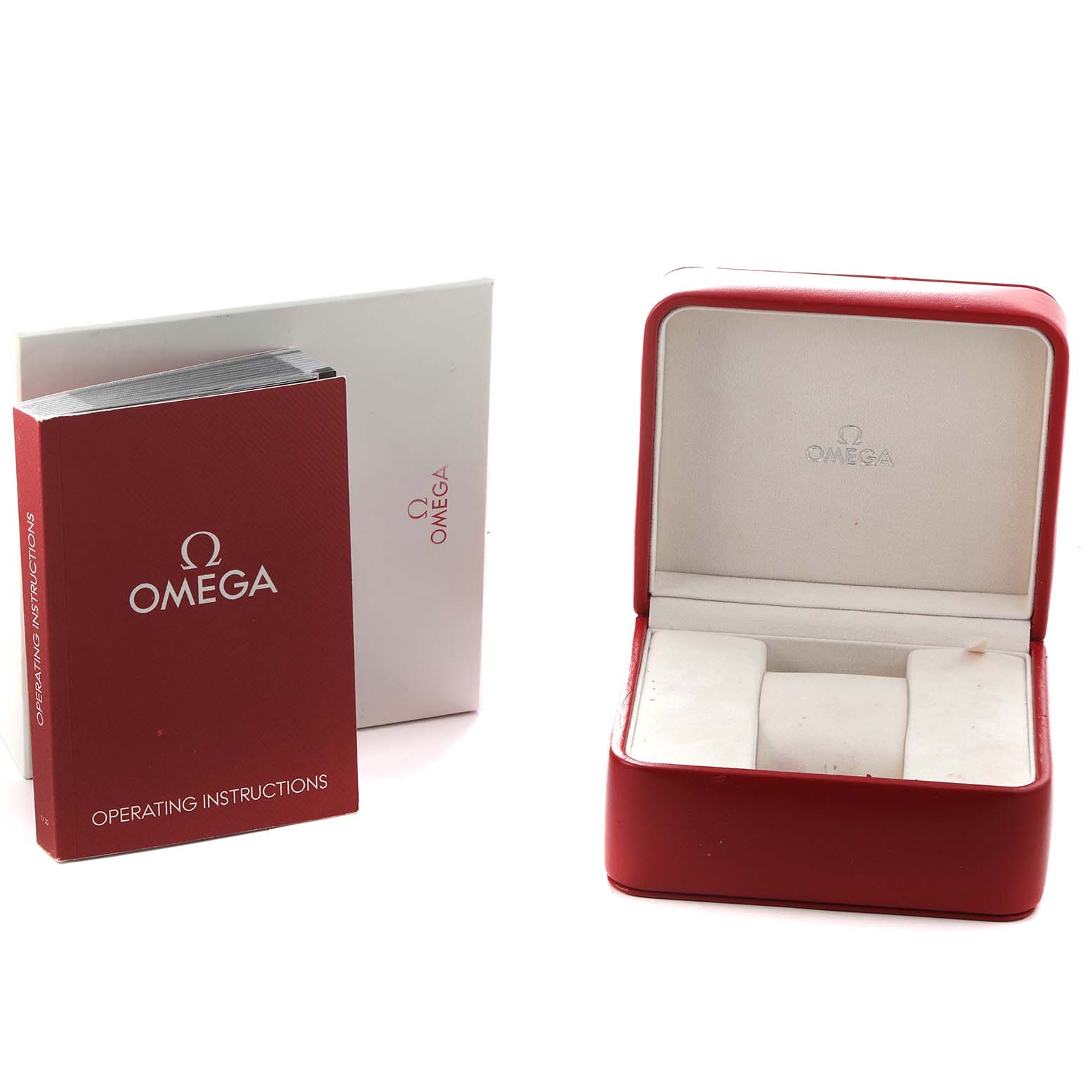 The image shows an Omega Speedmaster 3569.31.00 Men's Stainless Steel Silver Dial's red watch box and operating instructions booklet from the front angle.