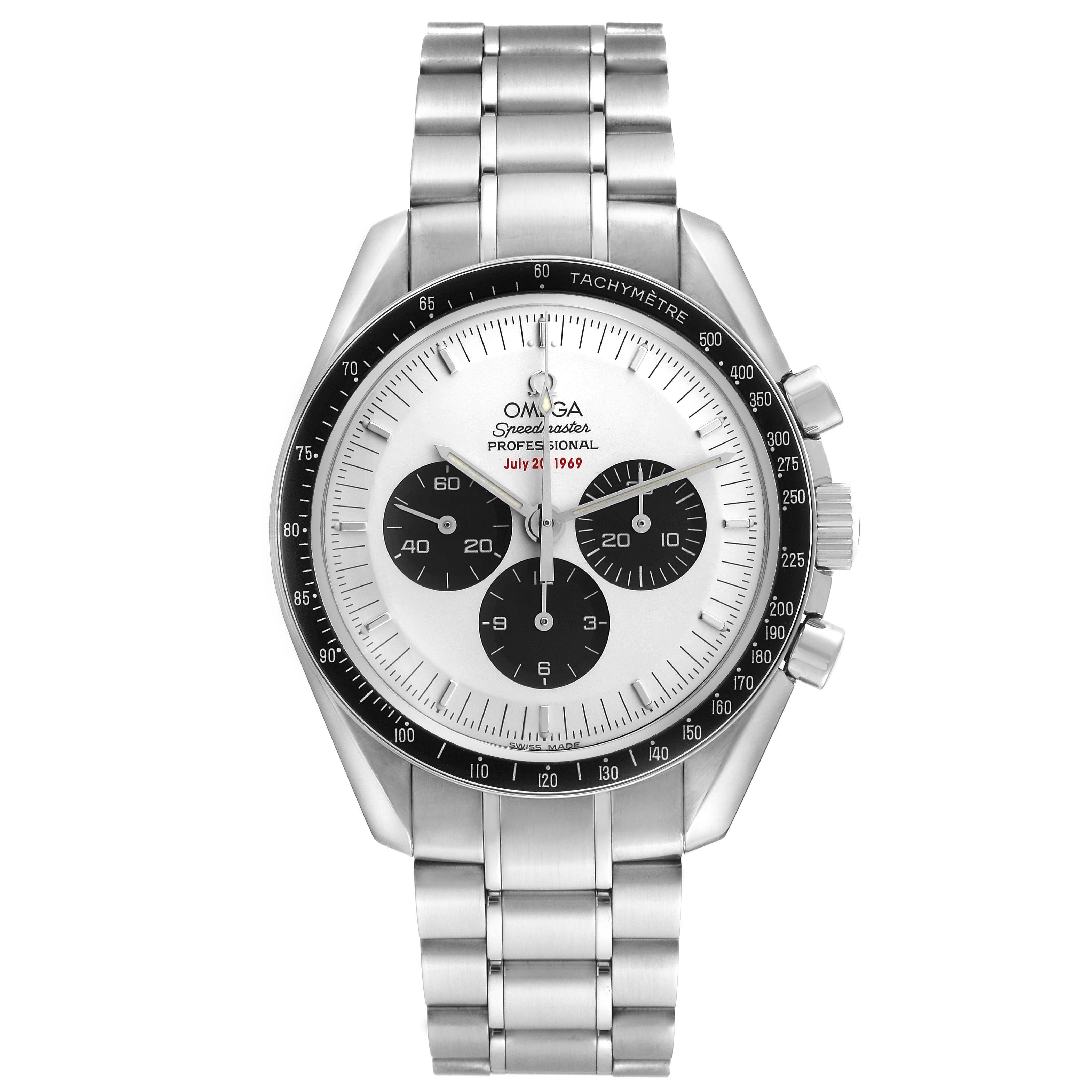 The Omega Speedmaster 3569.31.00 Mens Stainless Steel White Dial watch is shown front-facing, displaying the dial, bezel, and bracelet.