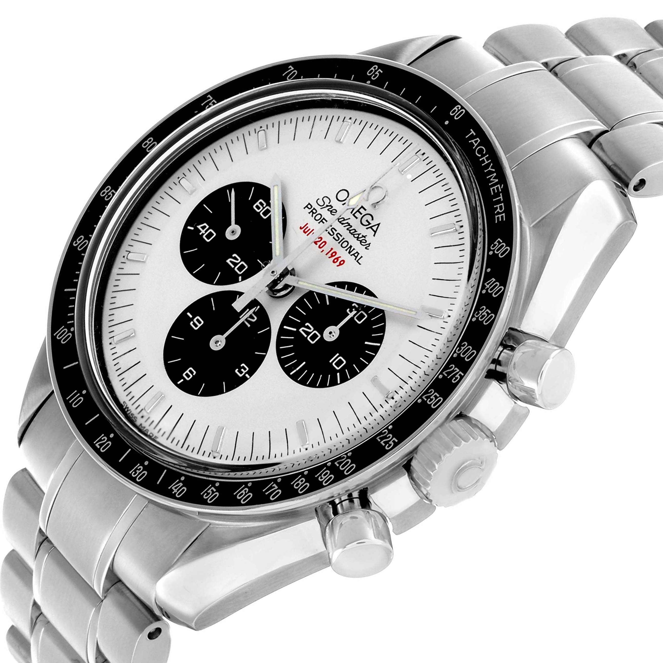 The Omega Speedmaster 3569.31.00 Mens Stainless Steel White Dial watch is shown at a slight angle, highlighting the face, bezel, and bracelet with visible pushers and crown.
