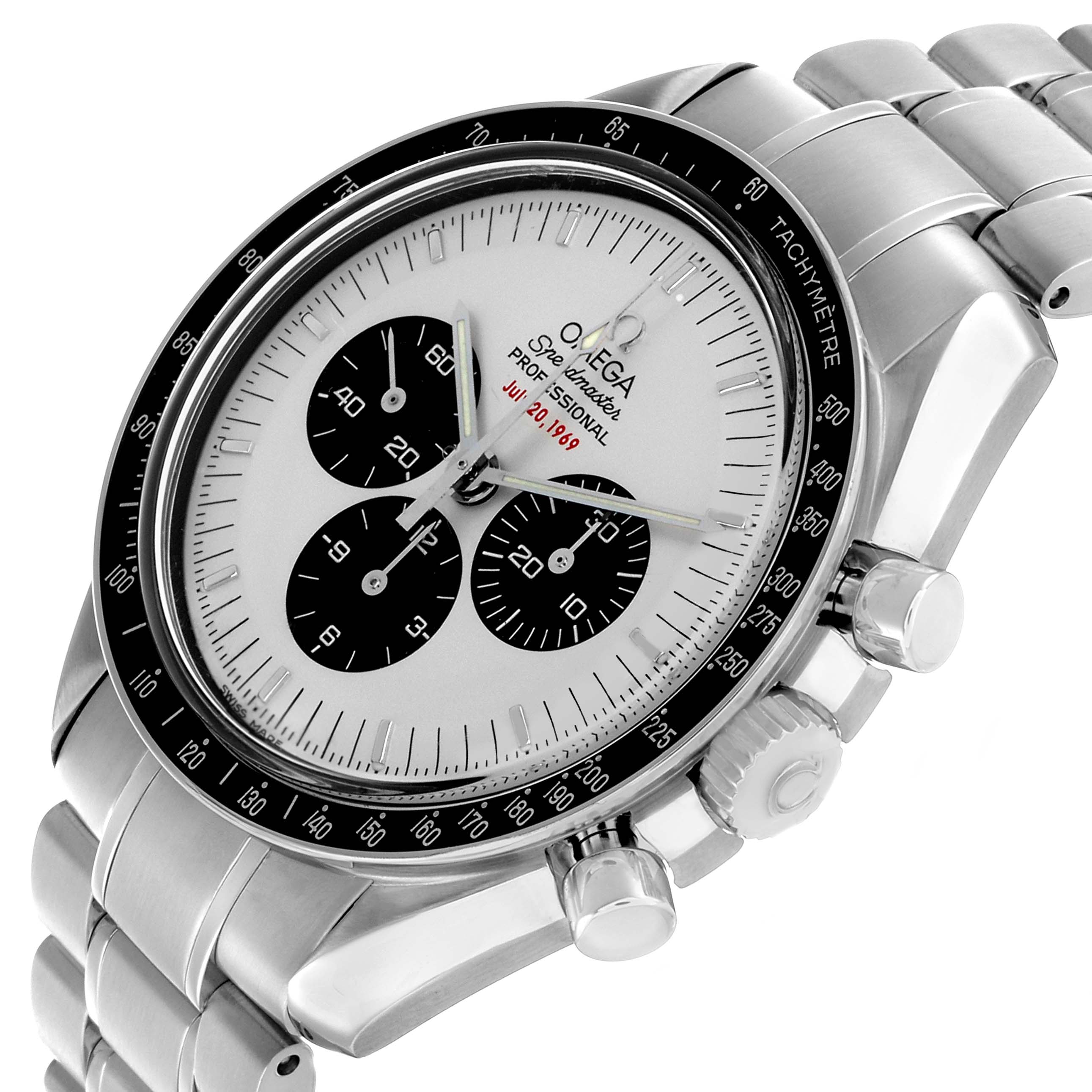 The Omega Speedmaster 3569.31.00 Men's Stainless Steel Silver Dial is shown at an angle highlighting the face, bezel, crown, pushers, and bracelet.
