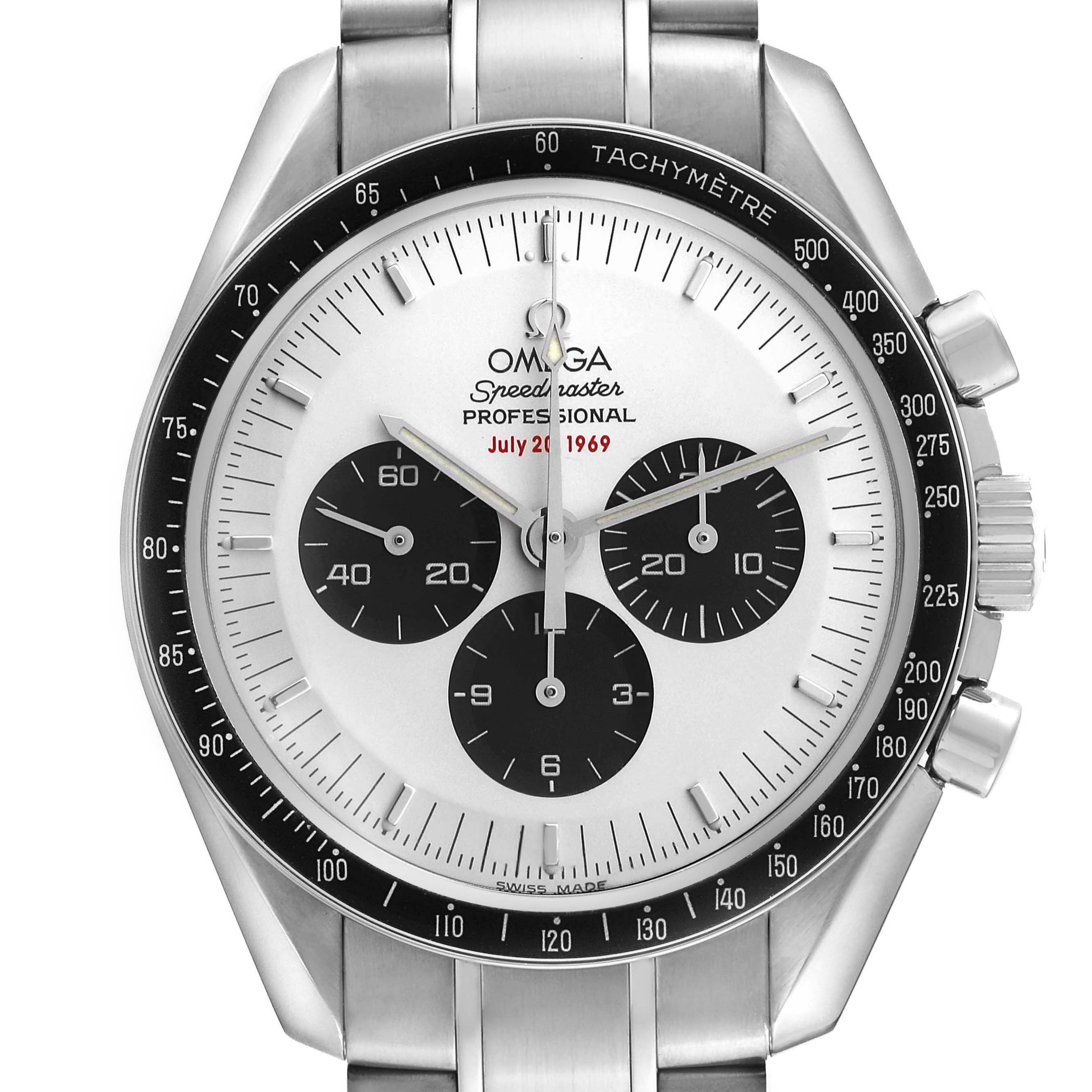 The Omega Speedmaster 3569.31.00 Mens Stainless Steel White Dial watch is shown from a front angle, highlighting its dial, subdials, bezel, and pushers.