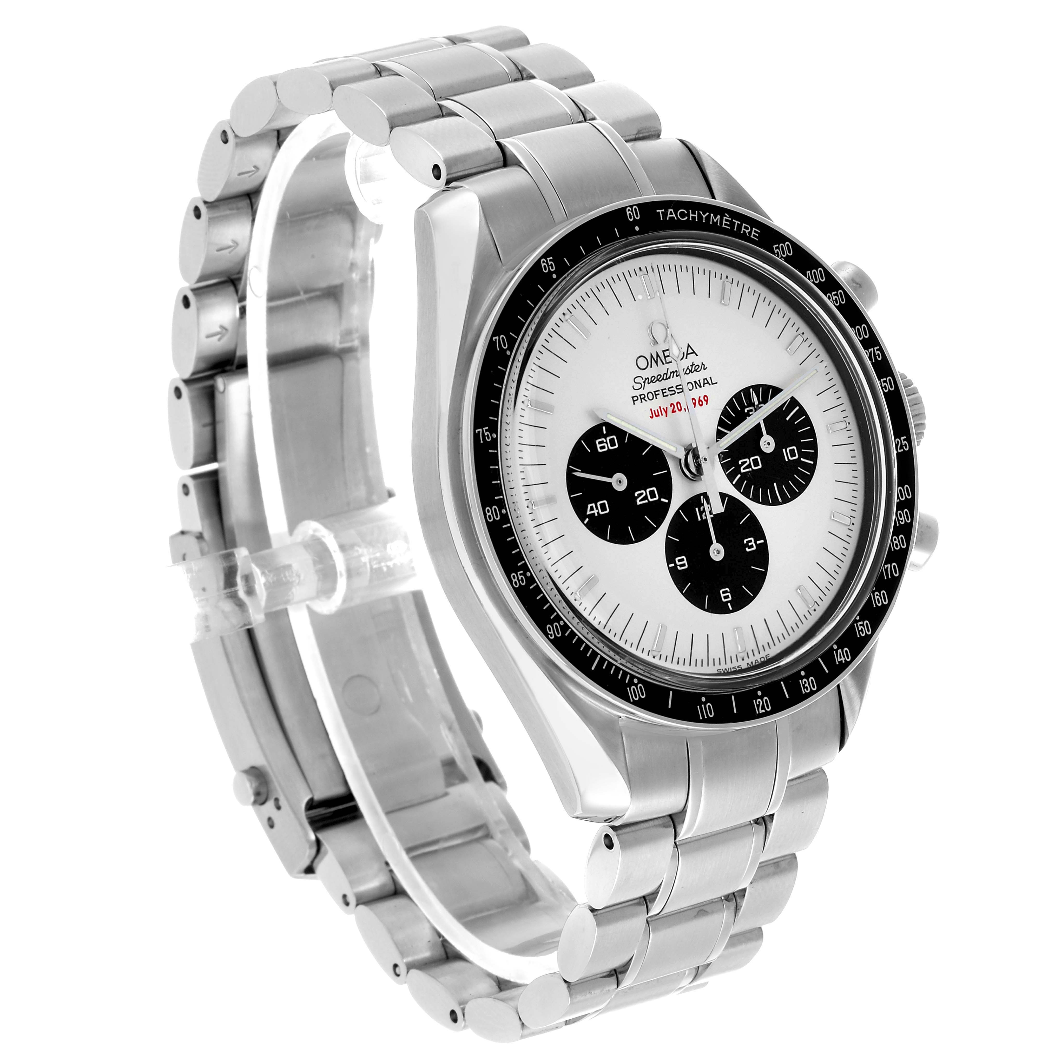 This image shows an Omega Speedmaster 3569.31.00 Mens Stainless Steel White Dial watch from a three-quarter angle, highlighting the face, tachymetre bezel, and metal bracelet.