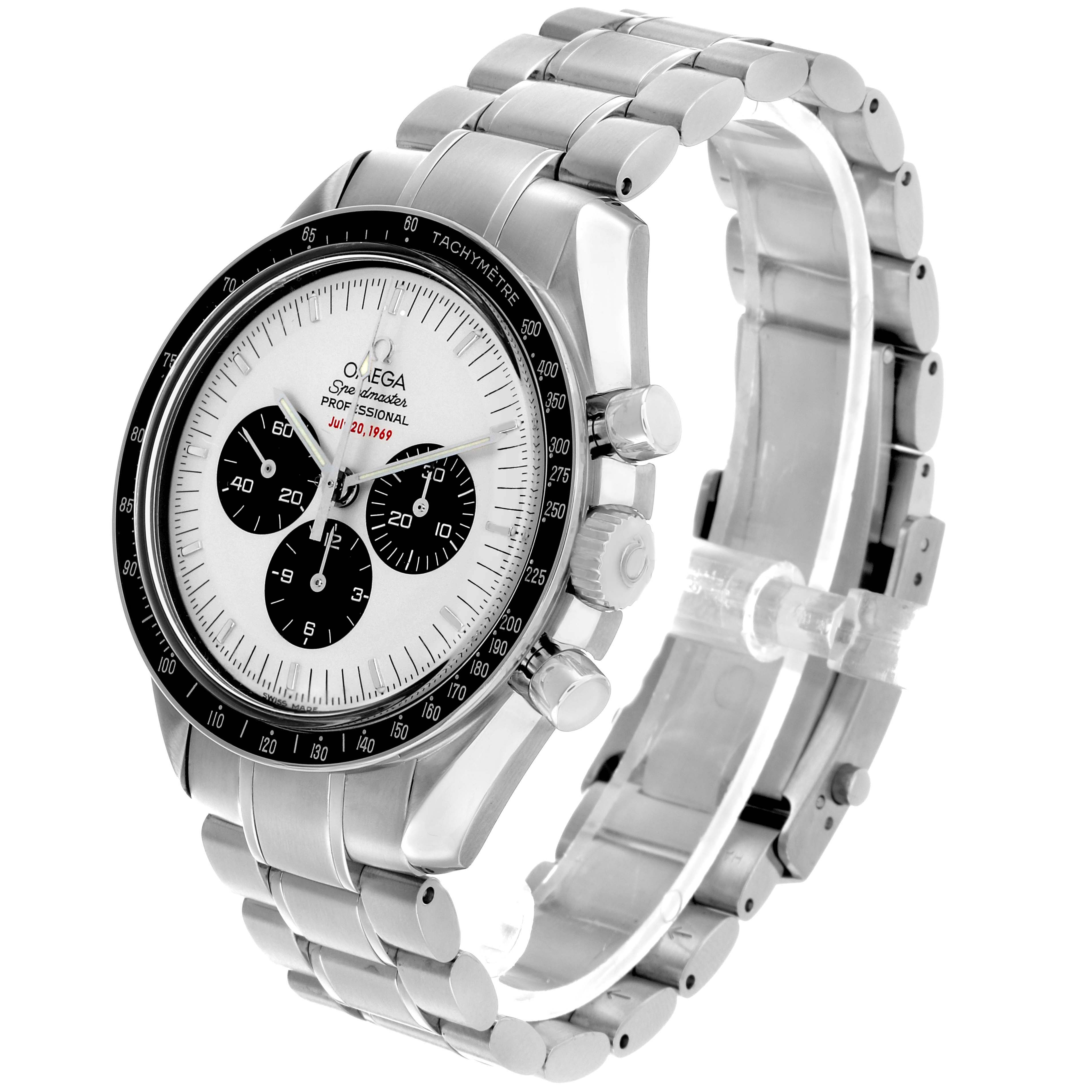 The Omega Speedmaster 3569.31.00 Mens Stainless Steel White Dial watch is shown at a three-quarter angle highlighting the face, bezel, pushers, and bracelet.