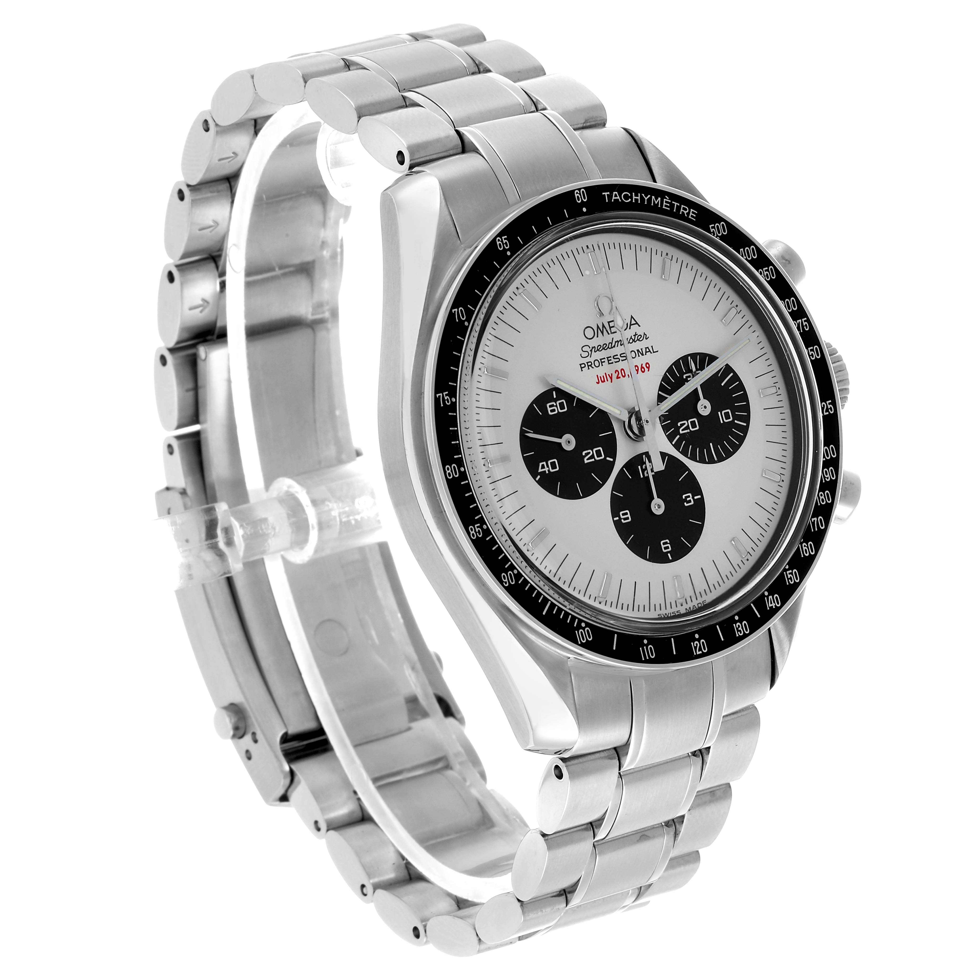 The Omega Speedmaster 3569.31.00 Men's Stainless Steel Silver Dial is shown at an angled front view highlighting the dial, tachymeter bezel, and metal bracelet.