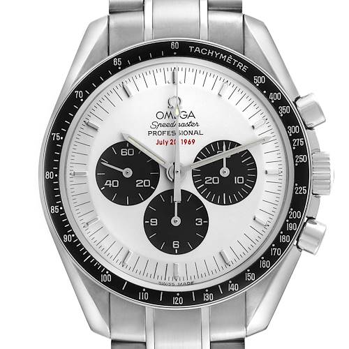 The Omega Speedmaster 3569.31.00 Men's Stainless Steel White Dial watch is shown from a front angle, highlighting its bezel, dial, sub-dials, and bracelet.