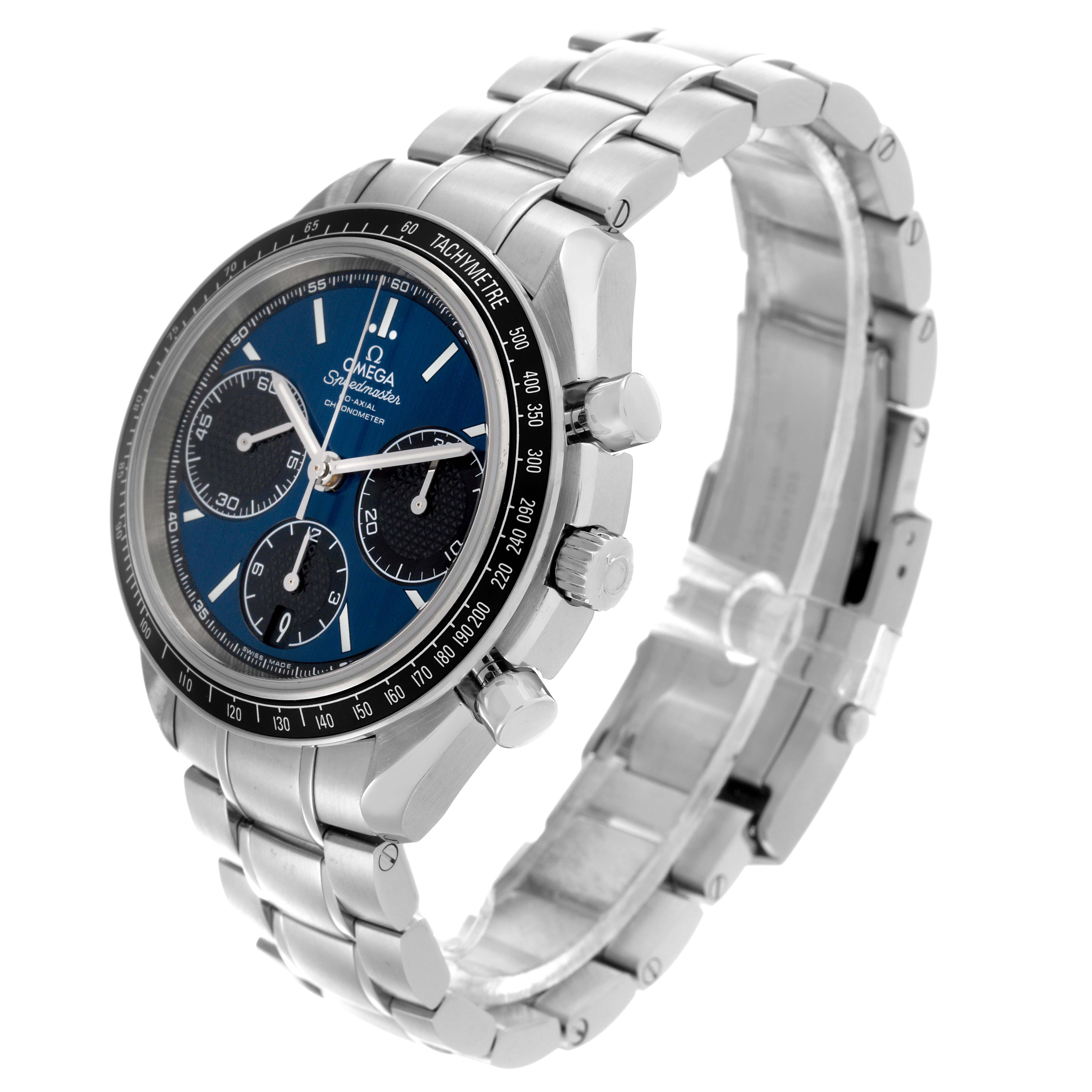 The Omega Speedmaster 326.30.40.50.03.001 Men
s Stainless Steel Blue Dial 326.30.40.50.03.001 Men
s Stainless Steel Blue Dial watch is shown from an angled side view, displaying the bezel, dial, pushers, and bracelet.
