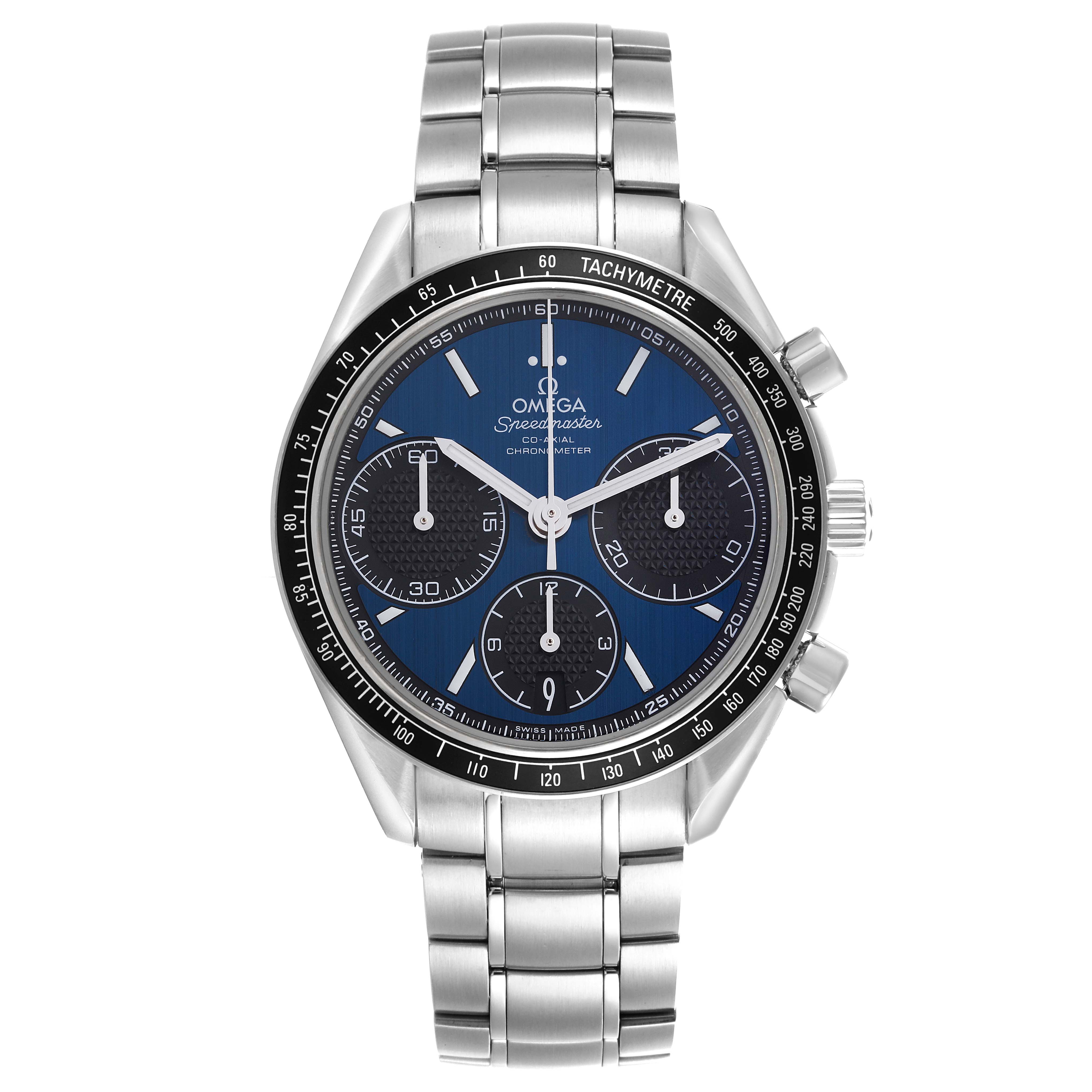The Omega Speedmaster 326.30.40.50.03.001 Men
s Stainless Steel Blue Dial 326.30.40.50.03.001 Men
s Stainless Steel Blue Dial is shown from a front angle, displaying the dial, bezel, chronograph subdials, and stainless steel bracelet.