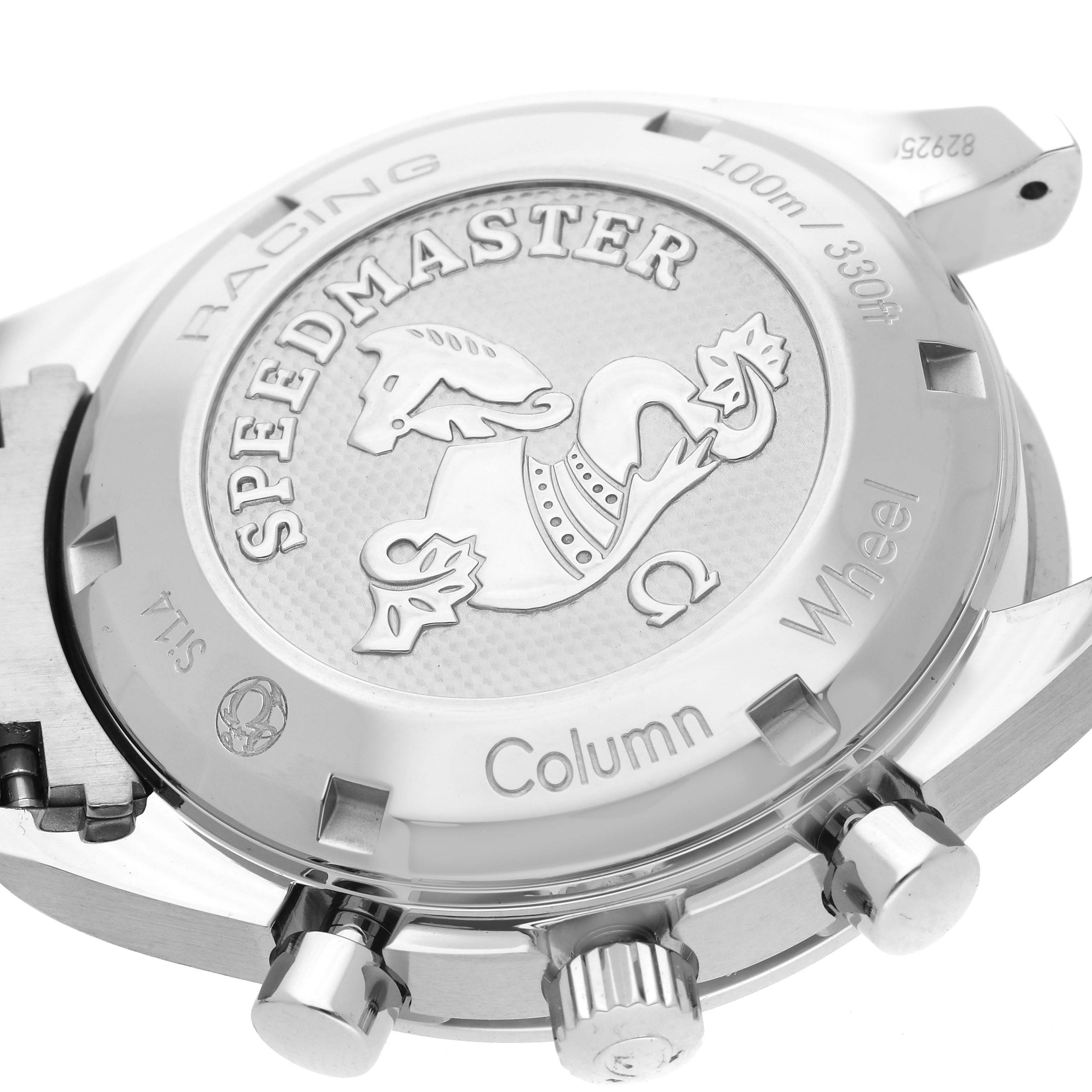 The image shows the back case and side pushers of an Omega Speedmaster 326.30.40.50.03.001 Men
s Stainless Steel Blue Dial 326.30.40.50.03.001 Men
s Stainless Steel Blue Dial watch from an angled view.