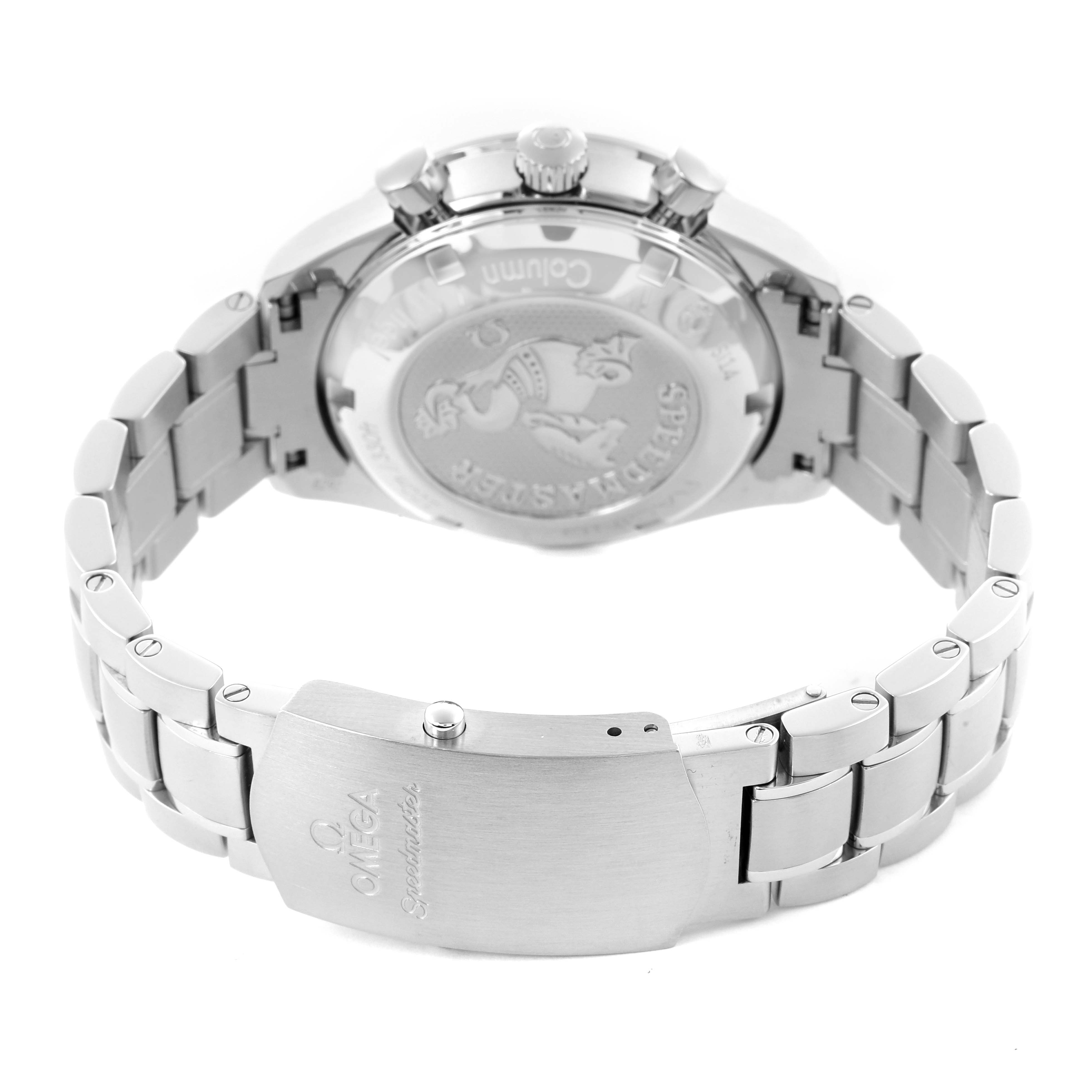 The image shows the Omega Speedmaster 326.30.40.50.03.001 Men
s Stainless Steel Blue Dial 326.30.40.50.03.001 Men
s Stainless Steel Blue Dial watch from the rear, highlighting the case back and bracelet clasp.