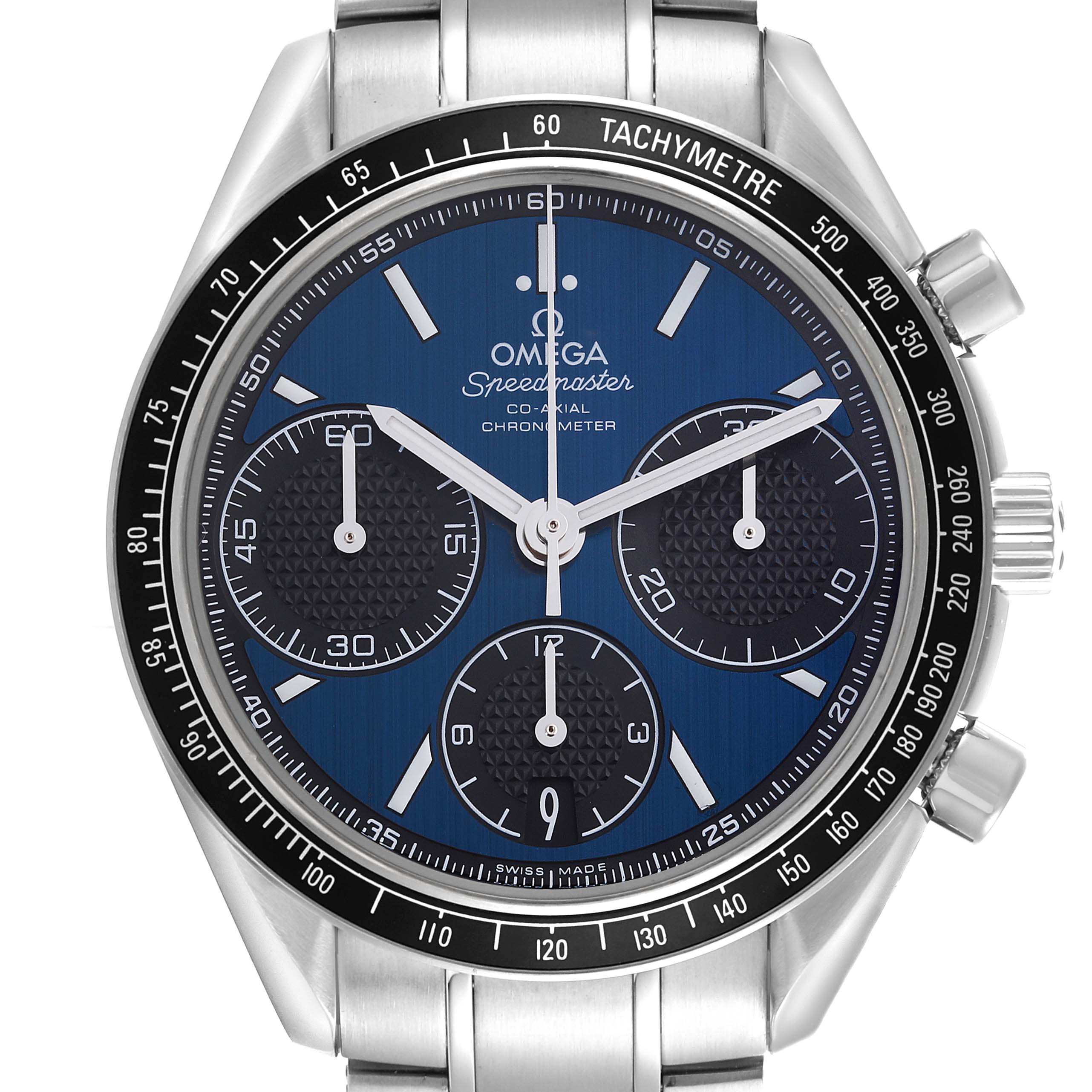 The Omega Speedmaster 326.30.40.50.03.001 Men
s Stainless Steel Blue Dial 326.30.40.50.03.001 Men
s Stainless Steel Blue Dial watch is shown from the front, displaying the blue face, subdials, and tachymetre bezel.