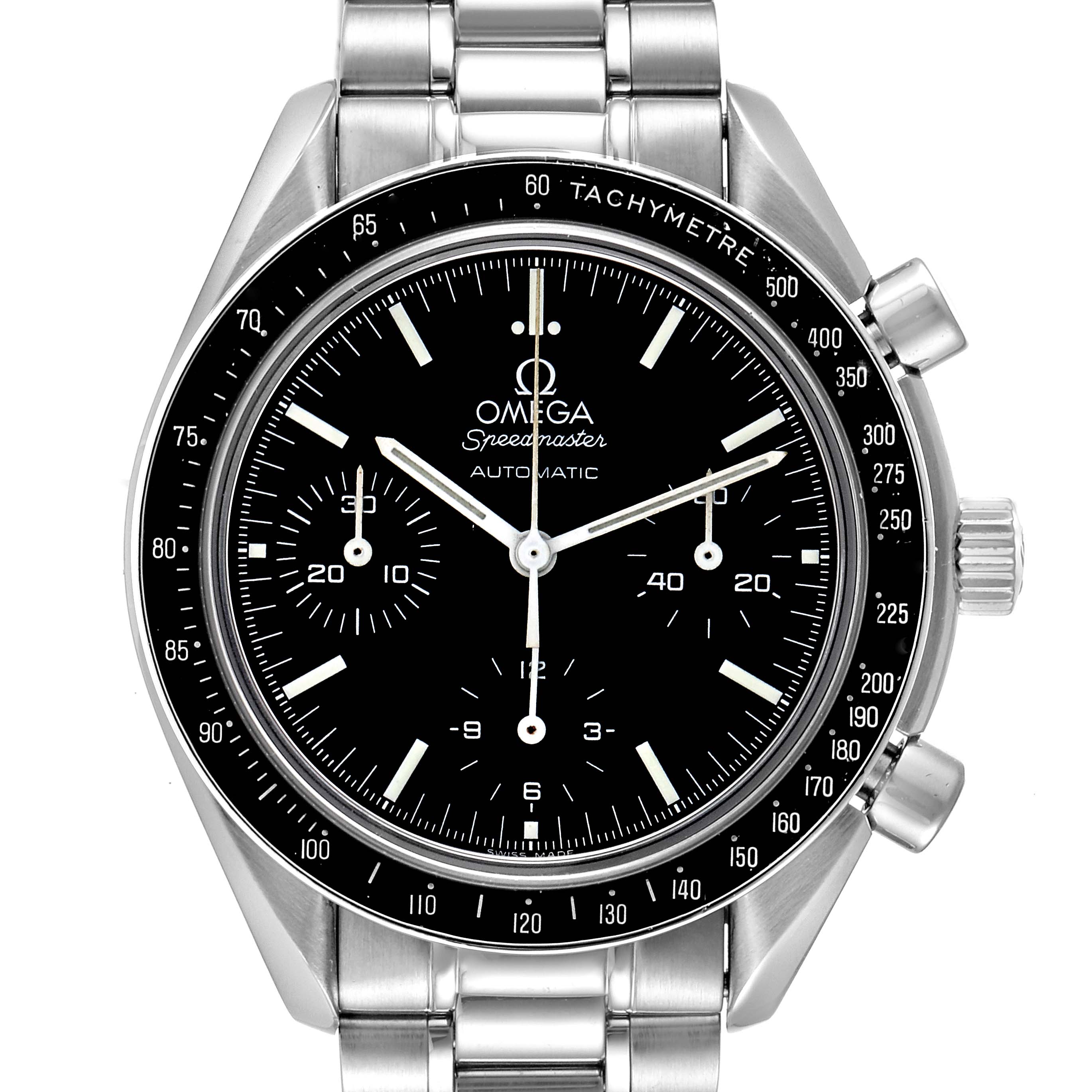 The image shows a frontal view of the Omega Speedmaster 3539.50.00 Men's Stainless Steel Black Dial 3539.50.00 Men's Stainless Steel Black Dial watch, highlighting its dial, tachymeter bezel, and metal bracelet.