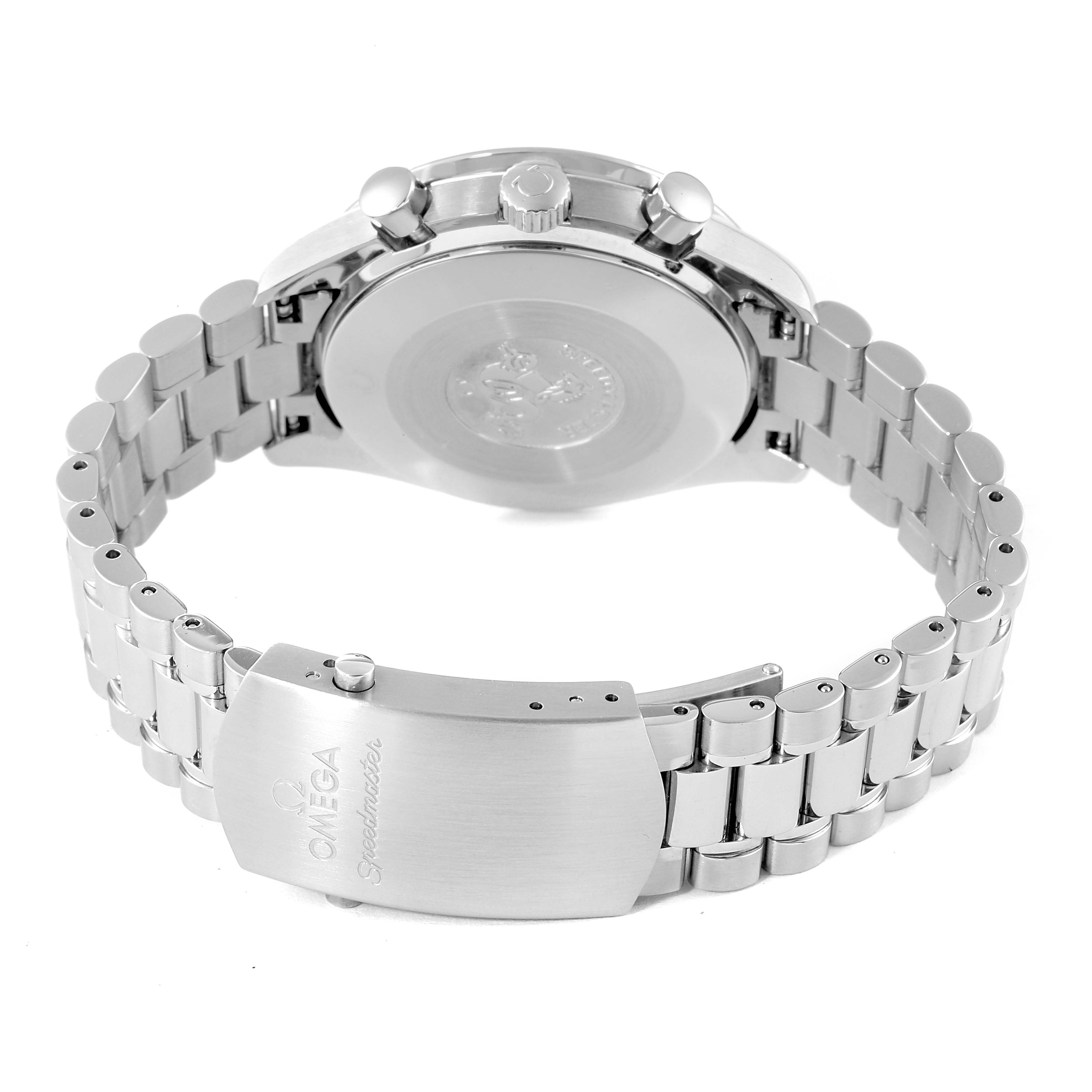 The image shows the back view of an Omega Speedmaster 3539.50.00 Men's Stainless Steel Black Dial 3539.50.00 Men's Stainless Steel Black Dial watch focusing on the clasp and bracelet.