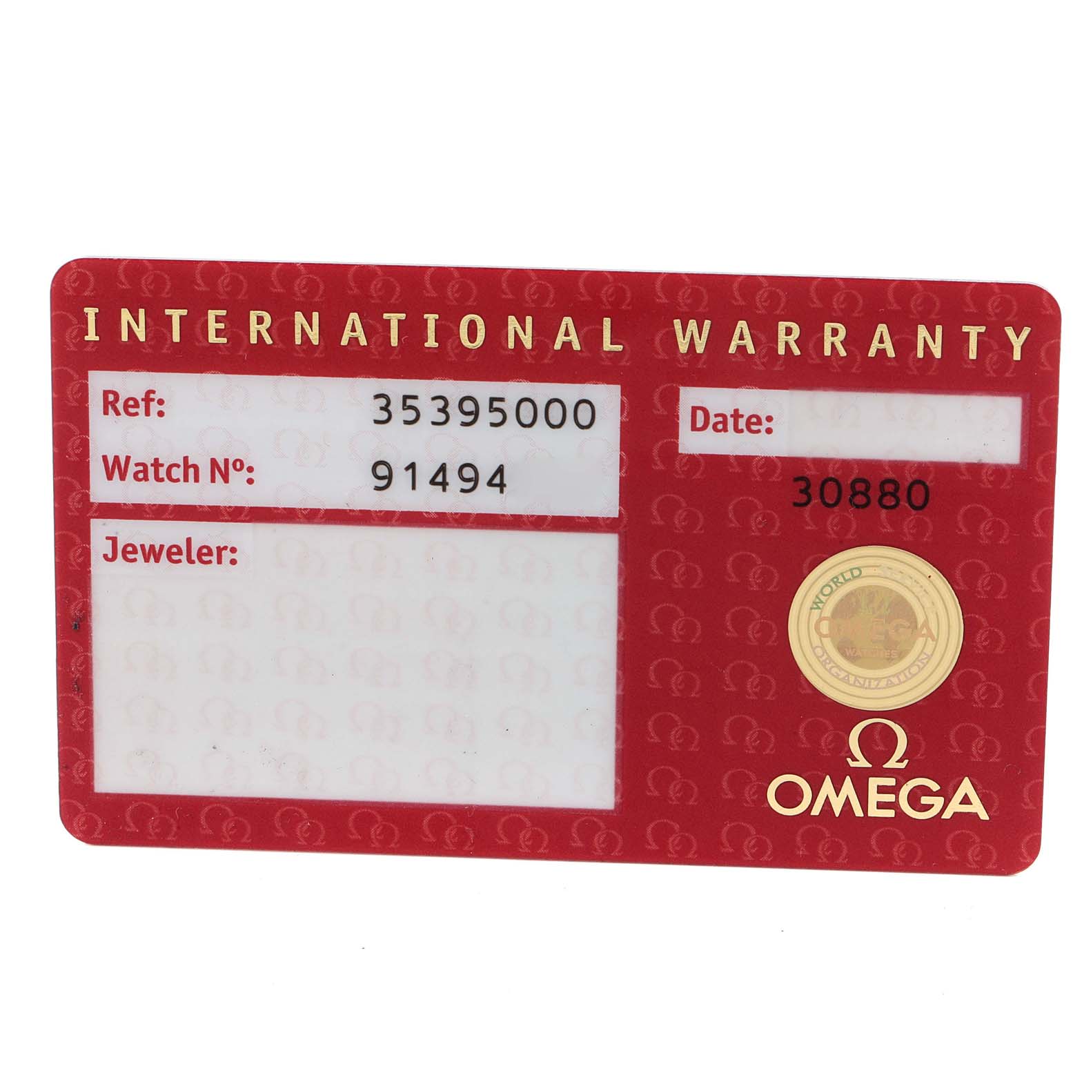 This image shows the international warranty card for an Omega Speedmaster 3539.50.00 Men's Stainless Steel Black Dial 3539.50.00 Men's Stainless Steel Black Dial watch.