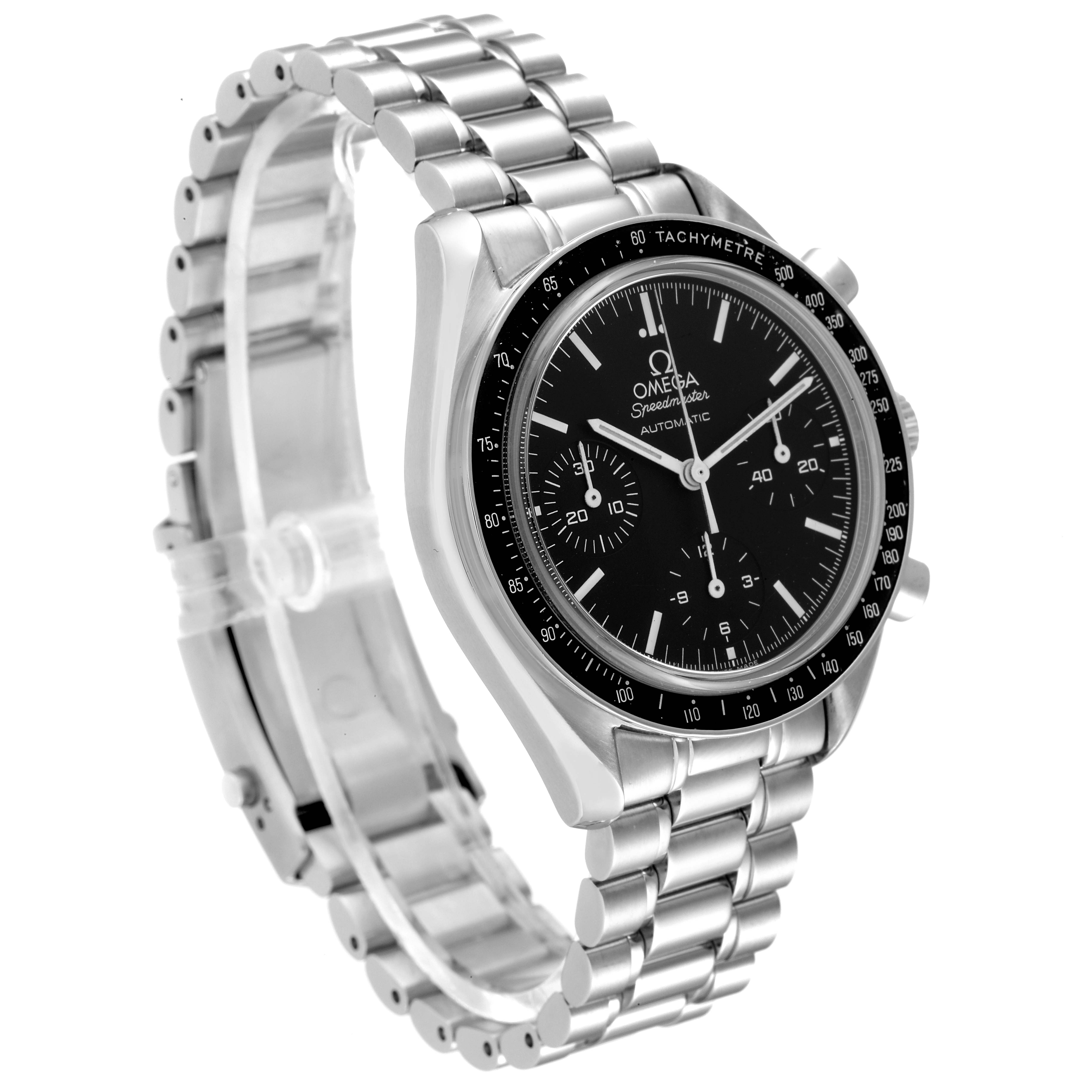 The Omega Speedmaster 3539.50.00 Men's Stainless Steel Black Dial 3539.50.00 Men's Stainless Steel Black Dial watch is shown from an angled side view, highlighting its stainless steel case and bracelet.
