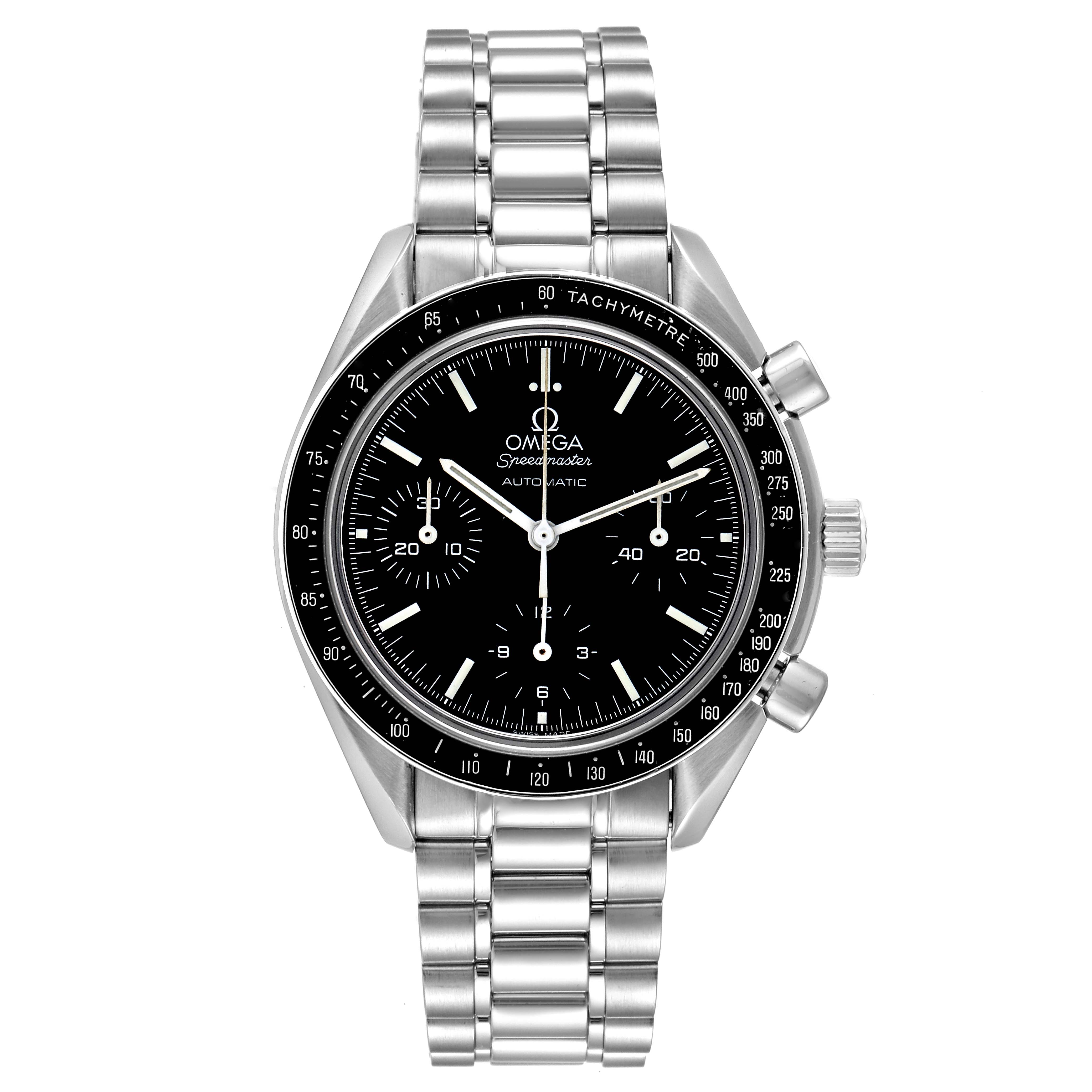 The Omega Speedmaster 3539.50.00 Men's Stainless Steel Black Dial 3539.50.00 Men's Stainless Steel Black Dial watch is shown from a front angle, displaying its face, bezel, and stainless steel bracelet.