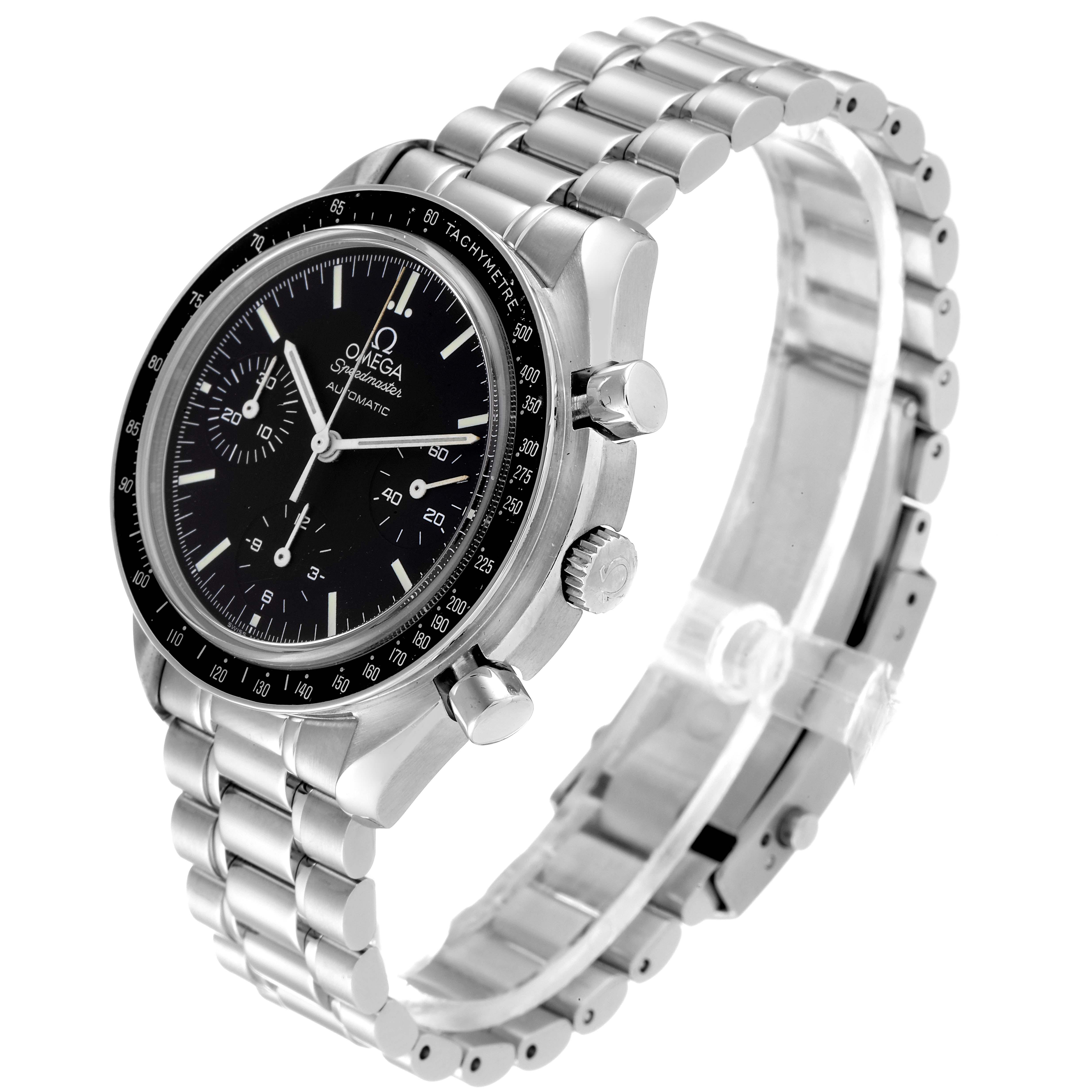 This image shows the Omega Speedmaster 3539.50.00 Men's Stainless Steel Black Dial 3539.50.00 Men's Stainless Steel Black Dial watch at a 3/4 angle featuring the face, bezel, crown, pushers, and metal bracelet.