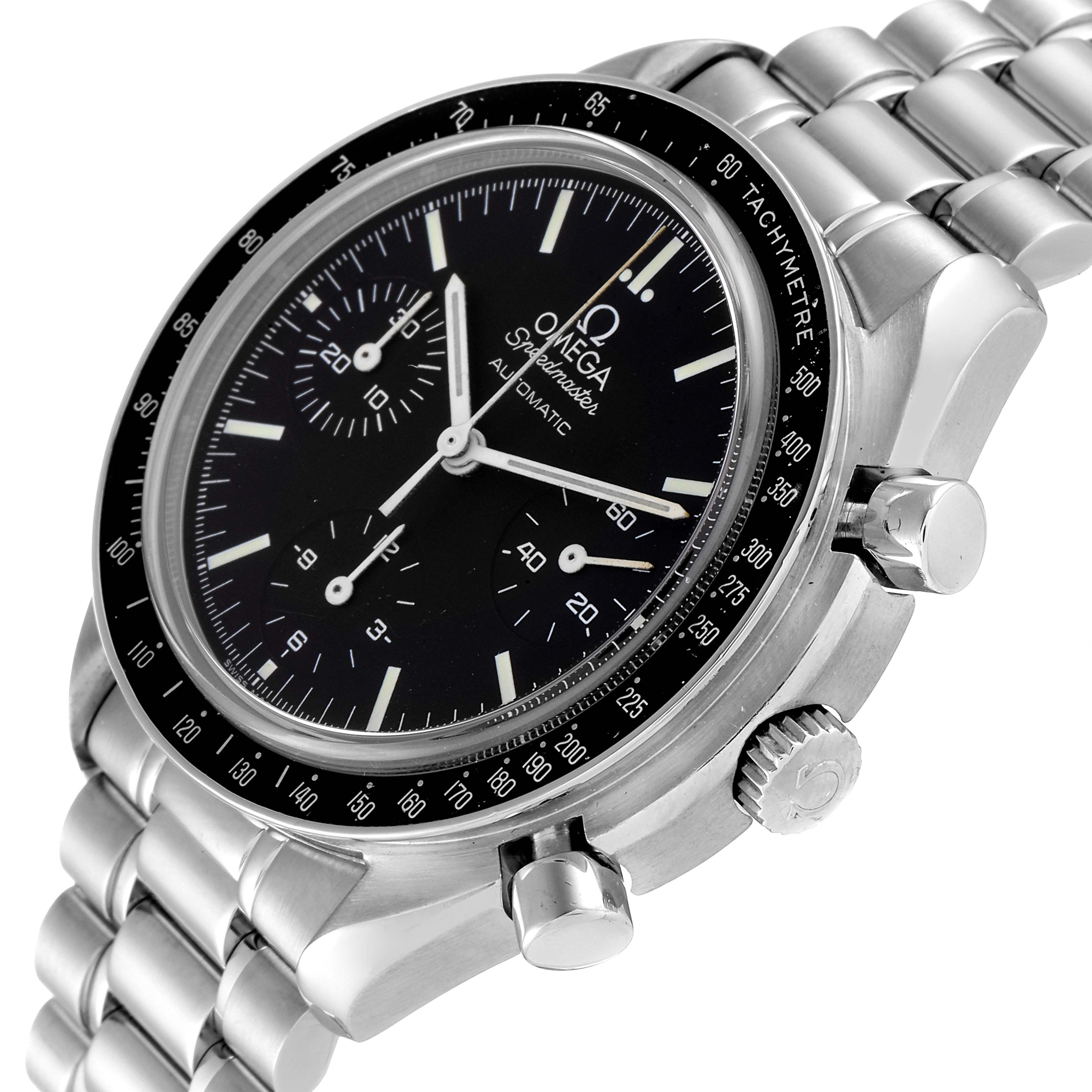 The Omega Speedmaster 3539.50.00 Men's Stainless Steel Black Dial 3539.50.00 Men's Stainless Steel Black Dial watch is shown at an angled side view, highlighting its face, bezel, crown, and bracelet.