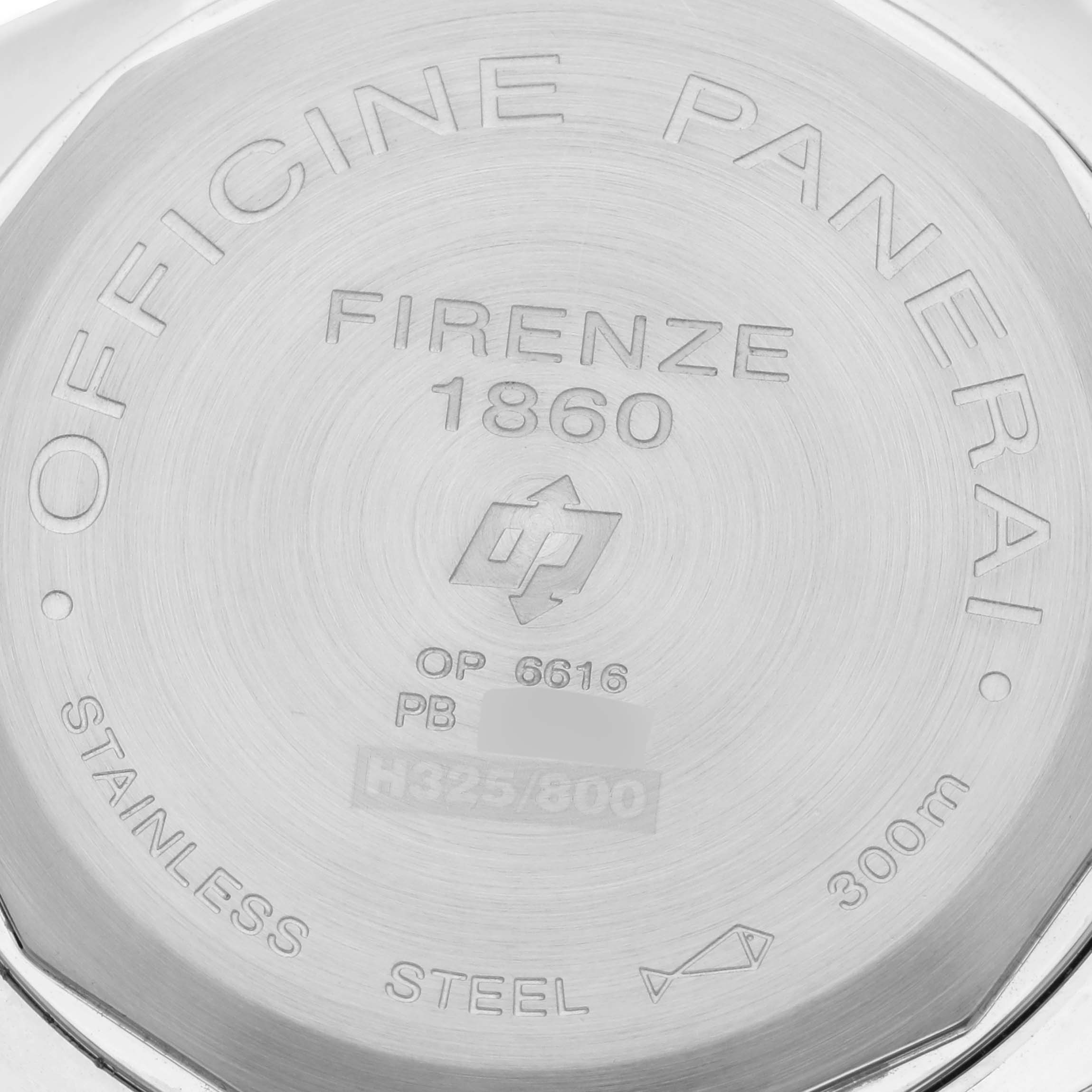 The image shows the back of a Panerai Luminor PAM00000 Men's Stainless Steel Black Dial PAM00000 Men's Stainless Steel Black Dial watch, highlighting its branding and specifications.