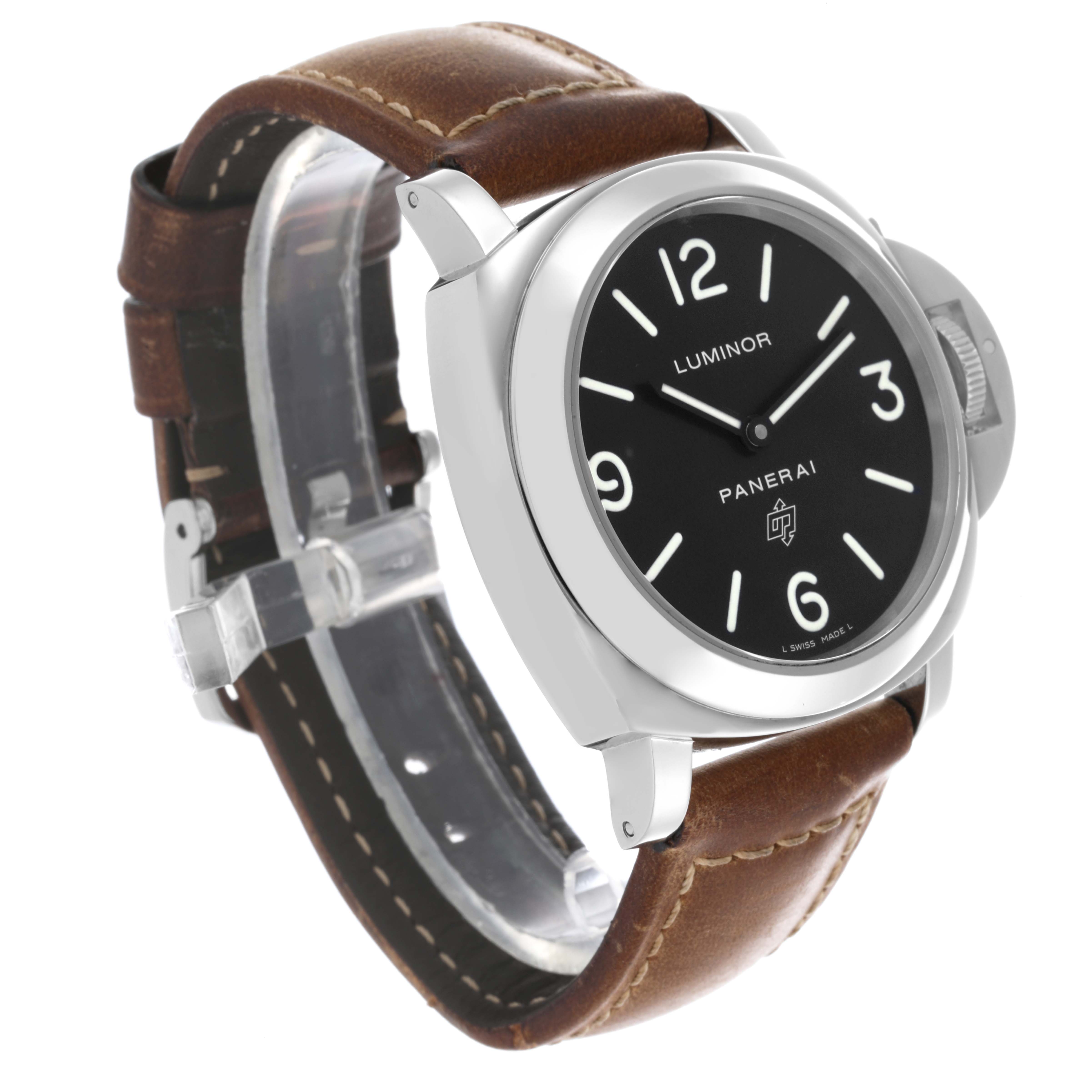 The Panerai Luminor PAM00000 Men's Stainless Steel Black Dial PAM00000 Men's Stainless Steel Black Dial watch is shown at a three-quarter angle, highlighting the face, bezel, and leather strap.