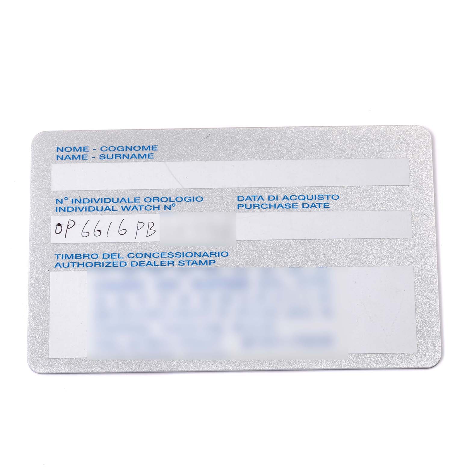 The image shows a warranty card for a Panerai Luminor PAM00000 Men's Stainless Steel Black Dial PAM00000 Men's Stainless Steel Black Dial watch, highlighting purchase and individual watch number fields.