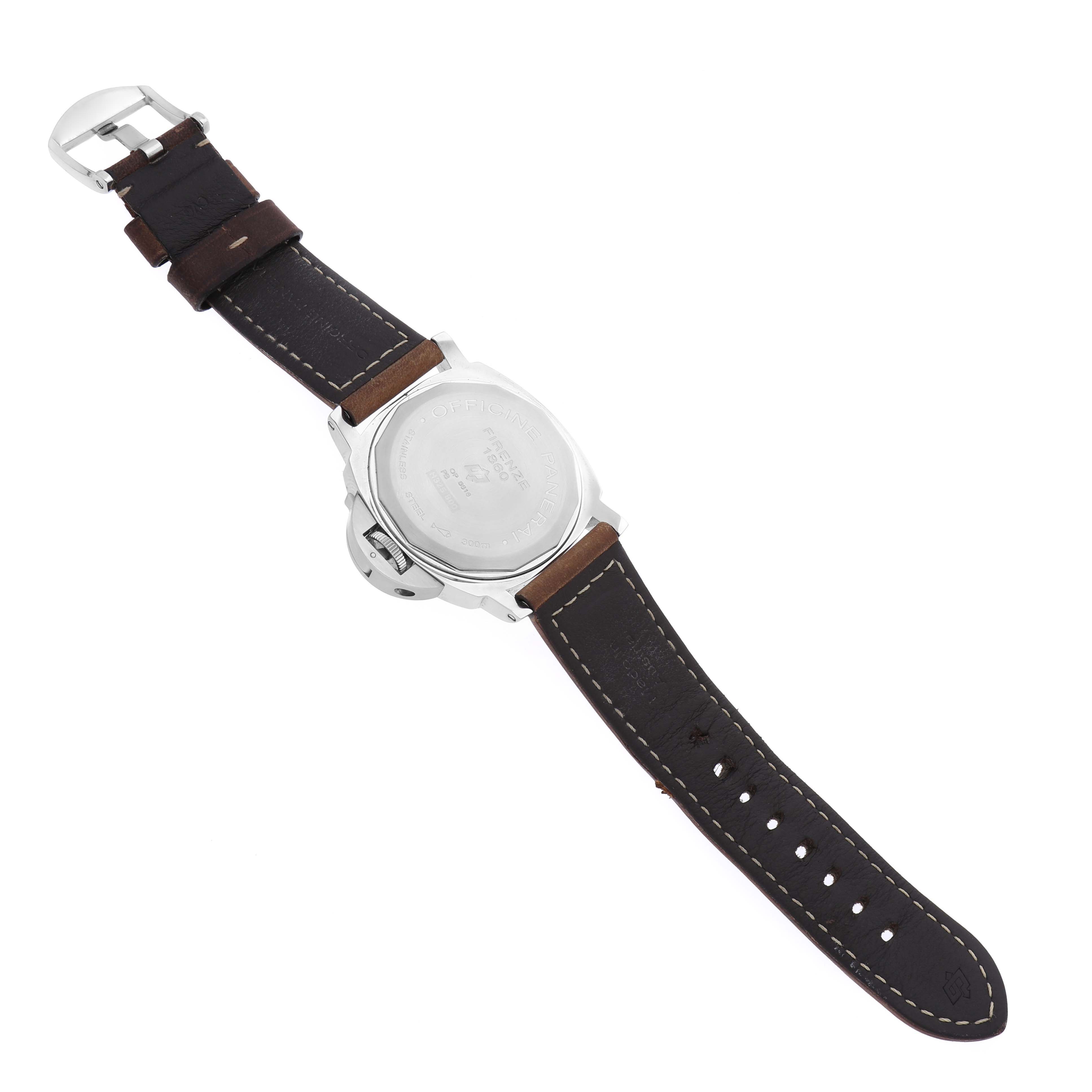 The image shows the back view of a Panerai Luminor PAM00000 Men's Stainless Steel Black Dial PAM00000 Men's Stainless Steel Black Dial watch displaying the case back and leather strap.