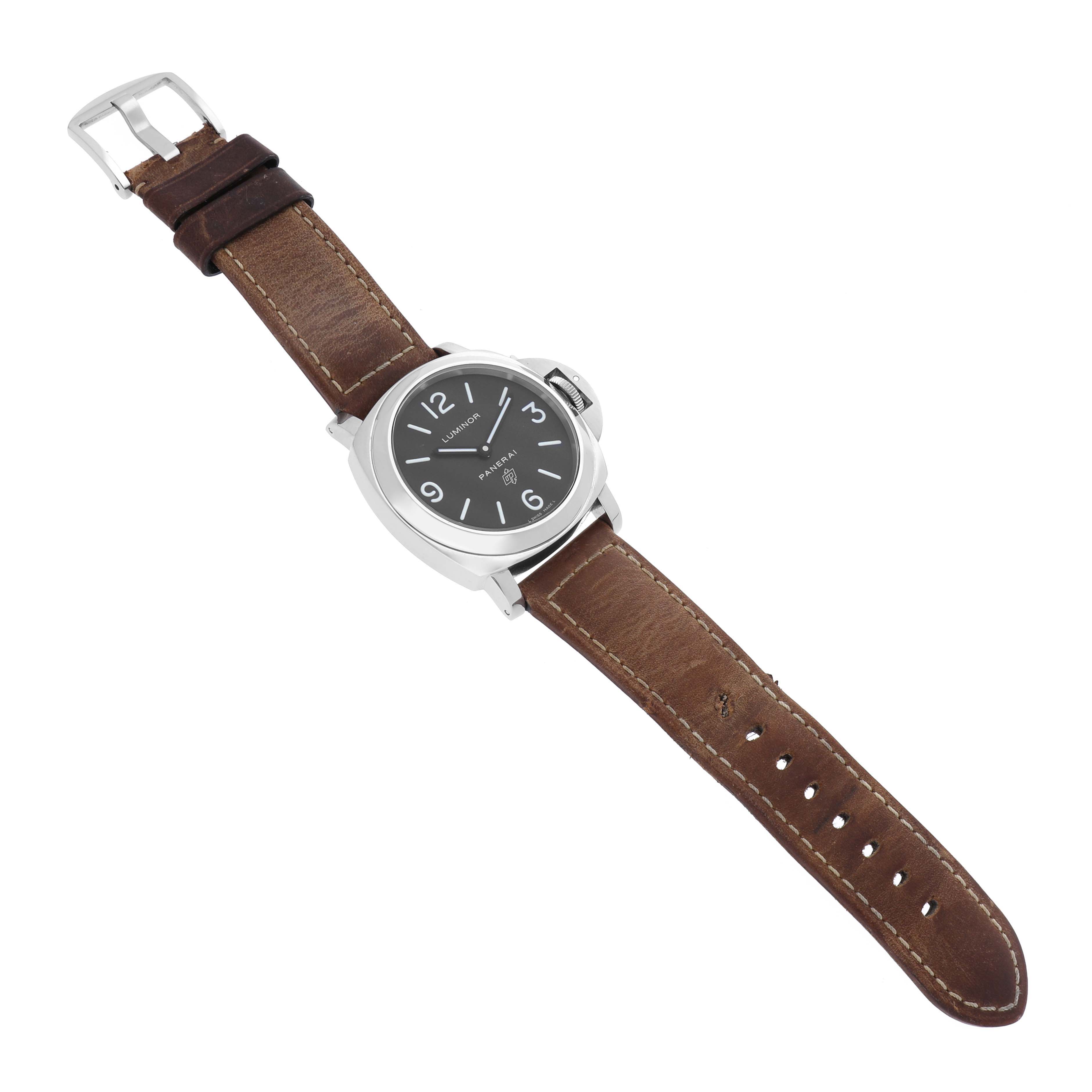 The Panerai Luminor PAM00000 Men's Stainless Steel Black Dial PAM00000 Men's Stainless Steel Black Dial watch is shown at a slight angle, displaying the face and full leather strap.