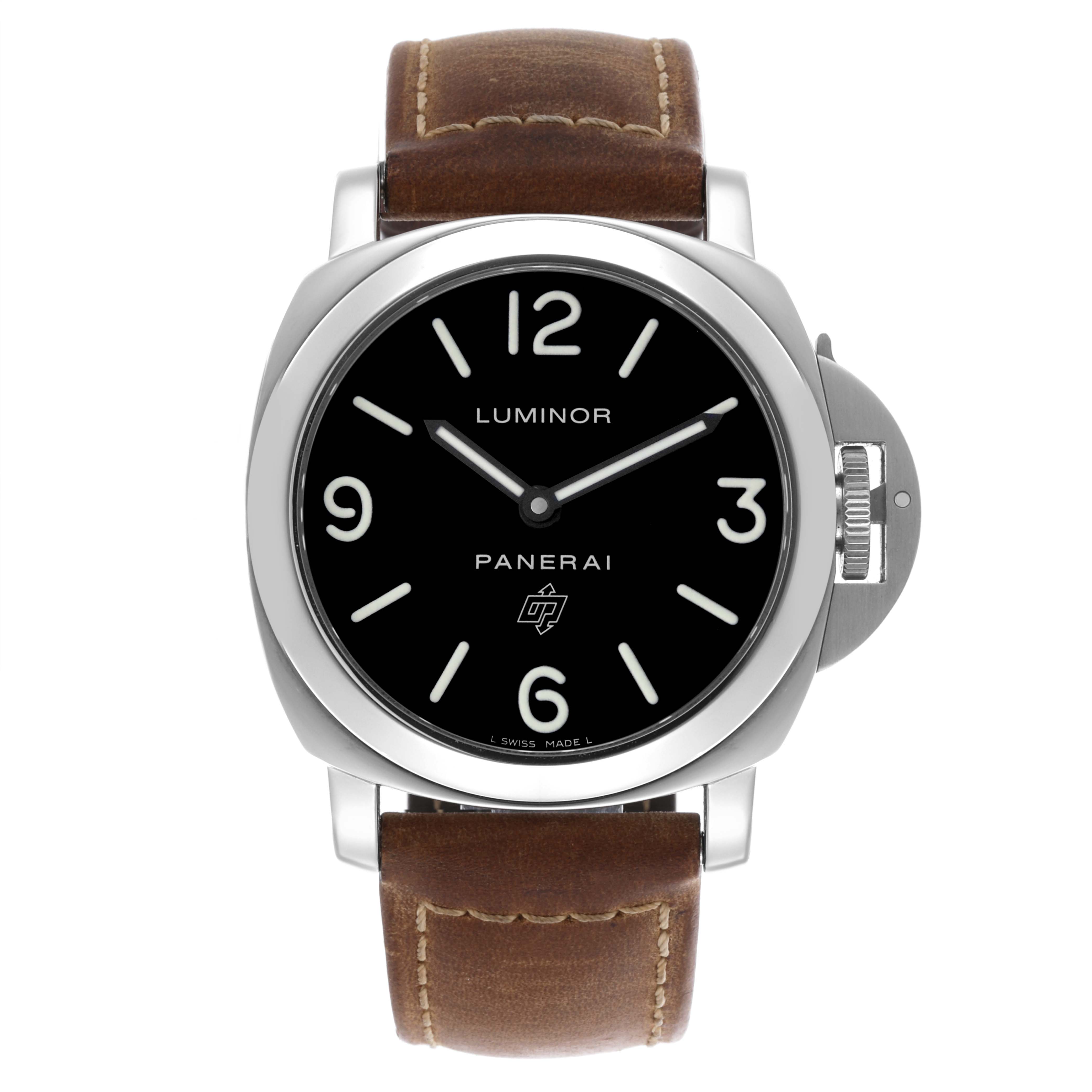 The Panerai Luminor PAM00000 Men's Stainless Steel Black Dial PAM00000 Men's Stainless Steel Black Dial watch is shown from a front view, displaying the dial, case, and leather strap.