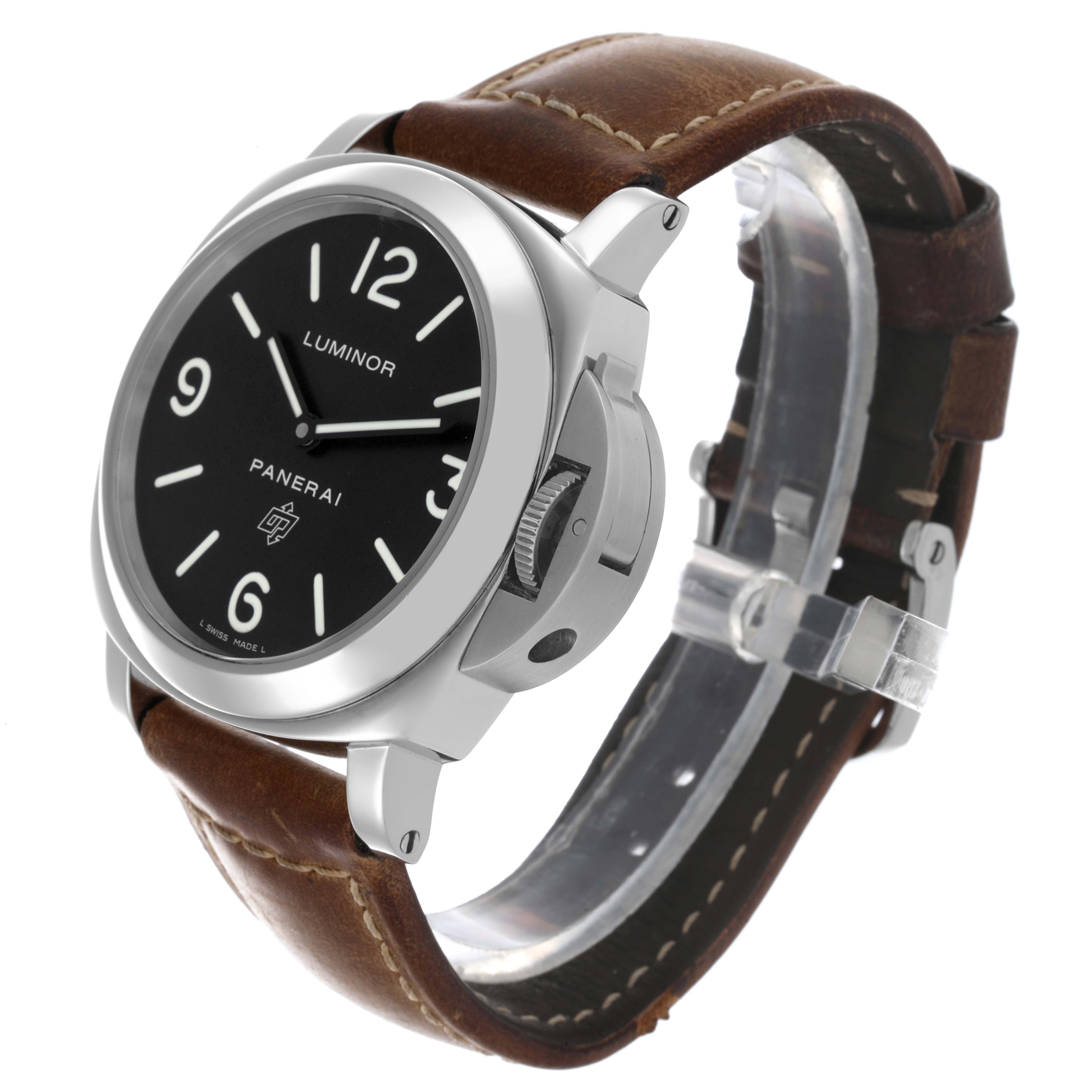 The Panerai Luminor PAM00000 Men's Stainless Steel Black Dial PAM00000 Men's Stainless Steel Black Dial watch is shown at an angled side view highlighting the dial, crown, and leather strap.