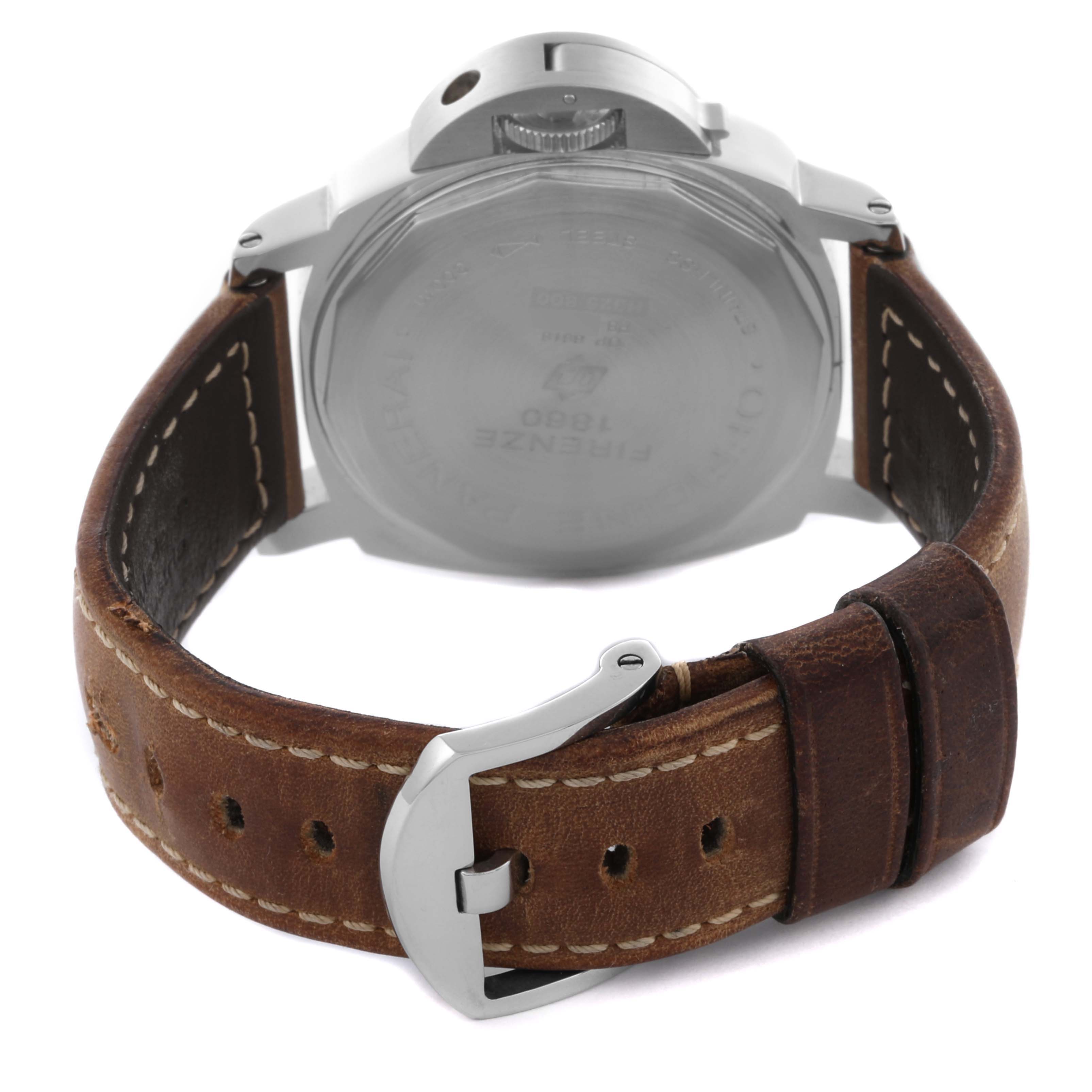 The image shows the back view of a Panerai Luminor PAM00000 Men's Stainless Steel Black Dial PAM00000 Men's Stainless Steel Black Dial watch, highlighting the case back and brown leather strap with buckle.