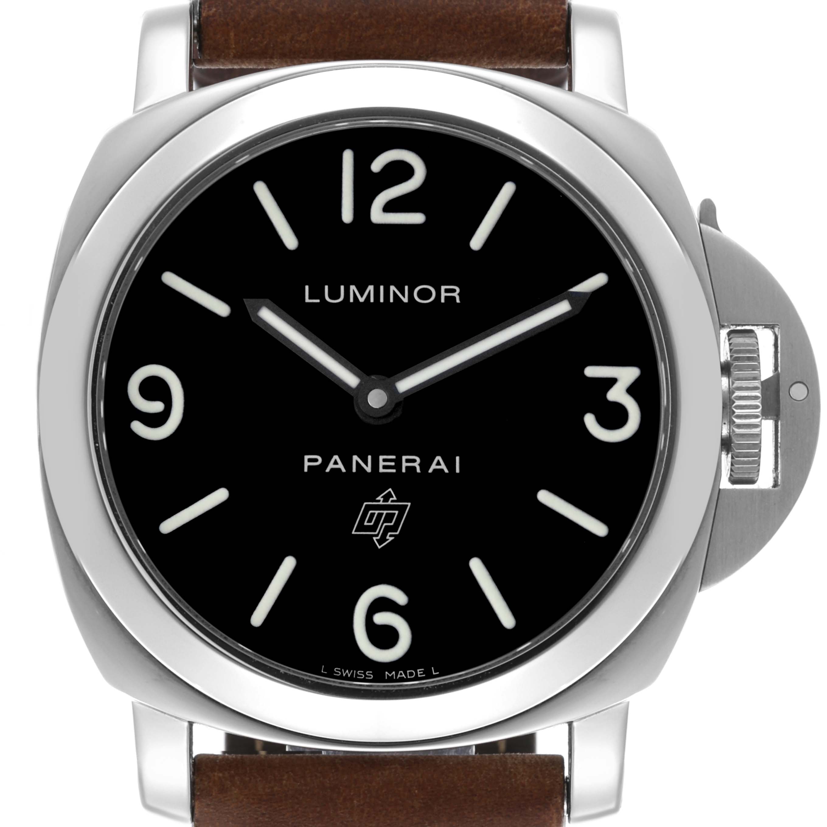 The Panerai Luminor PAM00000 Men's Stainless Steel Black Dial PAM00000 Men's Stainless Steel Black Dial watch is shown from the front, displaying the face, case, and crown guard.