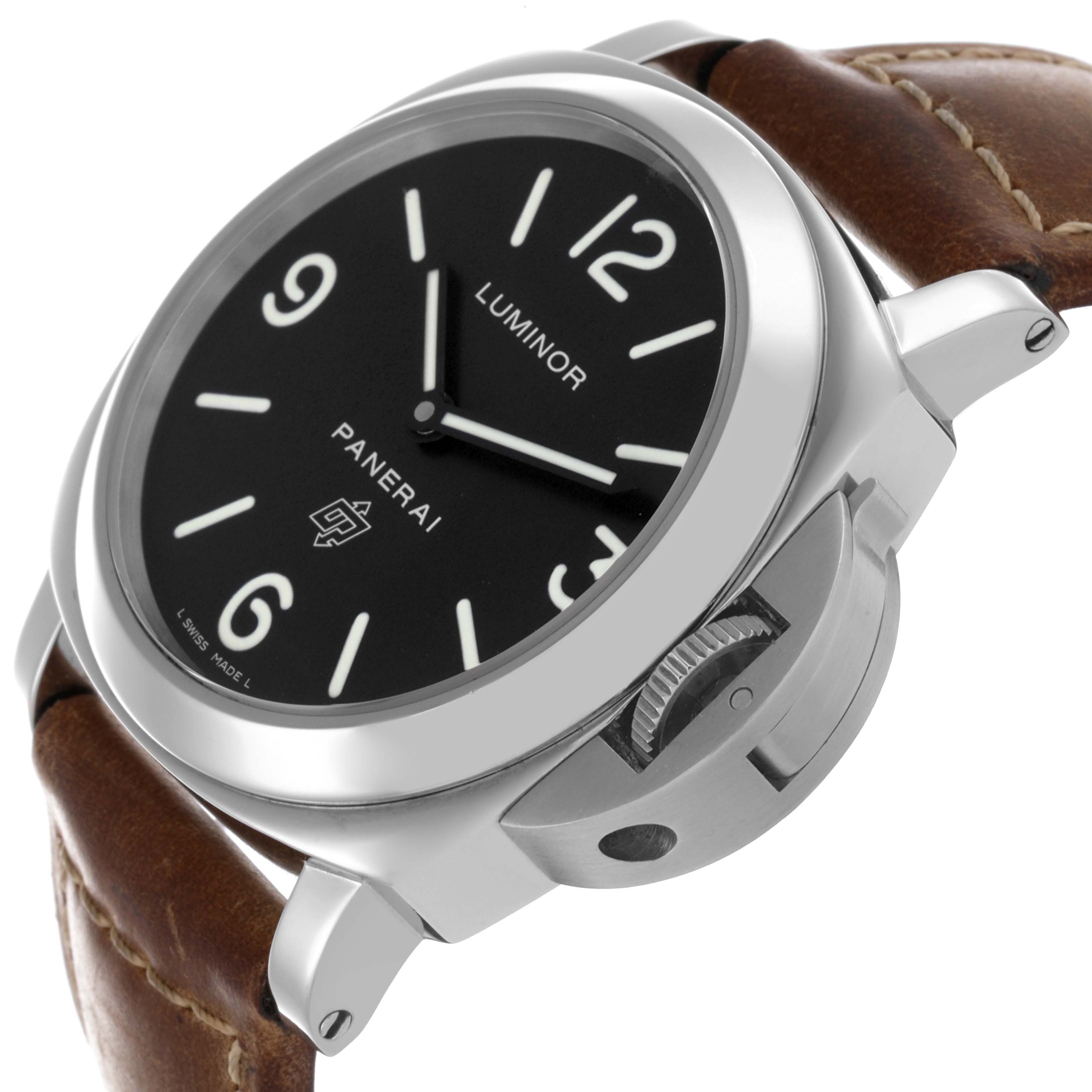 The Panerai Luminor PAM00000 Men's Stainless Steel Black Dial PAM00000 Men's Stainless Steel Black Dial watch is shown at an angle highlighting the dial, crown guard, and part of the leather strap.