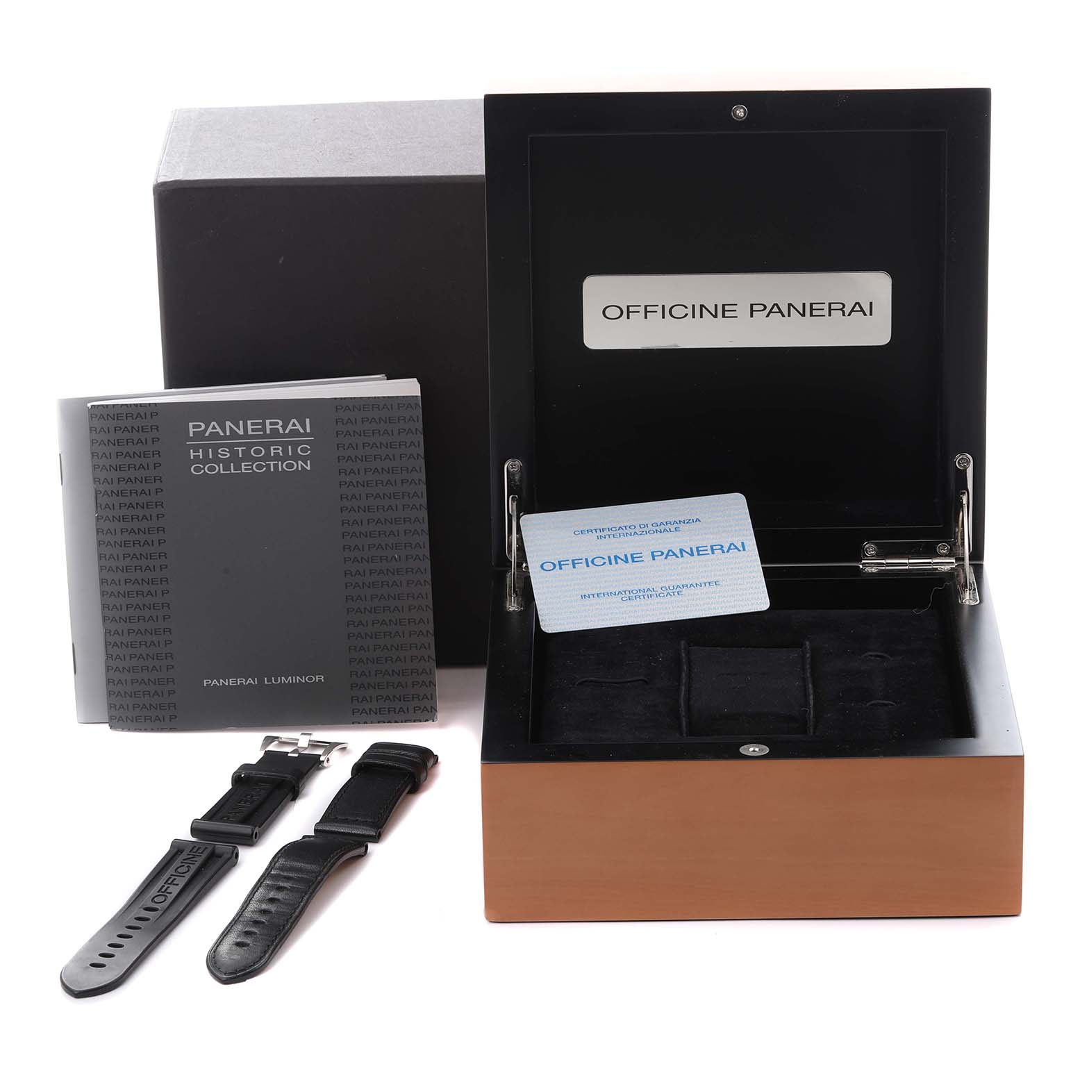 The image shows the Panerai Luminor PAM00000 Men's Stainless Steel Black Dial PAM00000 Men's Stainless Steel Black Dial box, with extra straps, a booklet, and a warranty card, viewed from above.