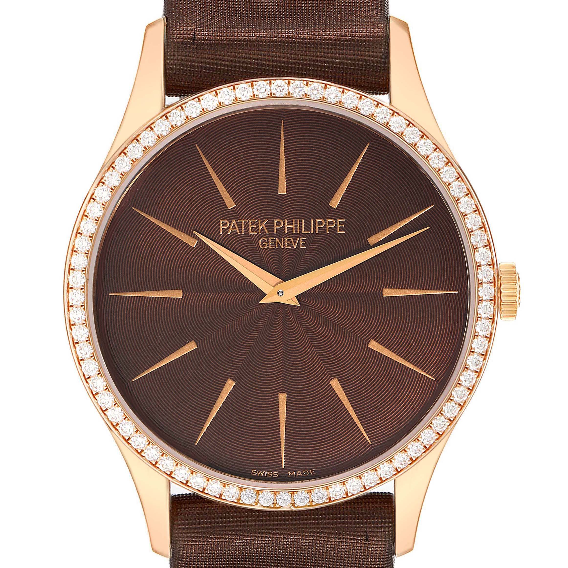 The image shows a close-up of the Patek Philippe Calatrava 4897R-001 Women's Rose Gold Brown Dial 4897R-001 Women's Rose Gold Brown Dial watch face and bezel, viewed from the front.