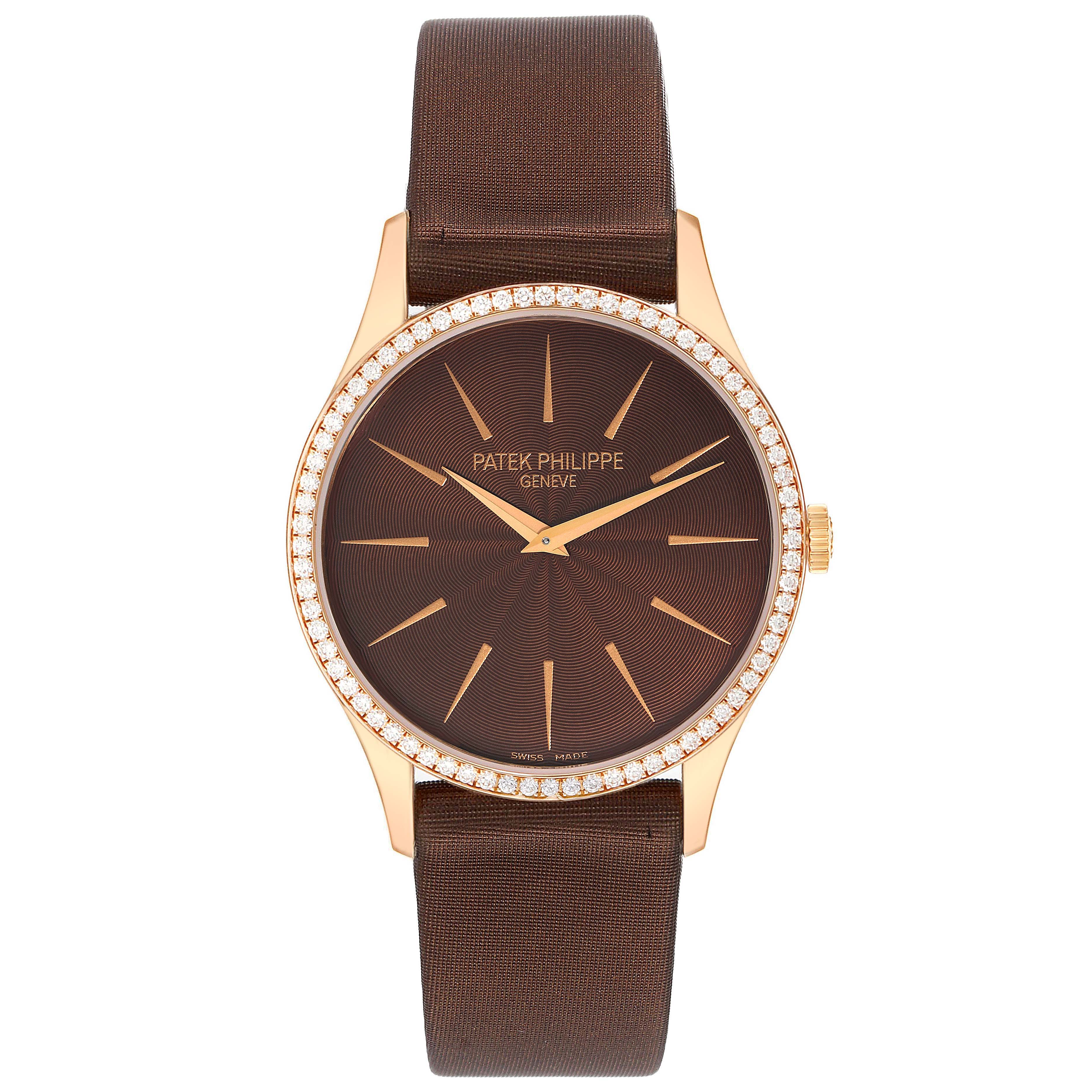 This image shows a front view of the Patek Philippe Calatrava 4897R-001 Women's Rose Gold Brown Dial 4897R-001 Women's Rose Gold Brown Dial watch with a brown dial, rose gold case, diamond bezel, and brown strap.