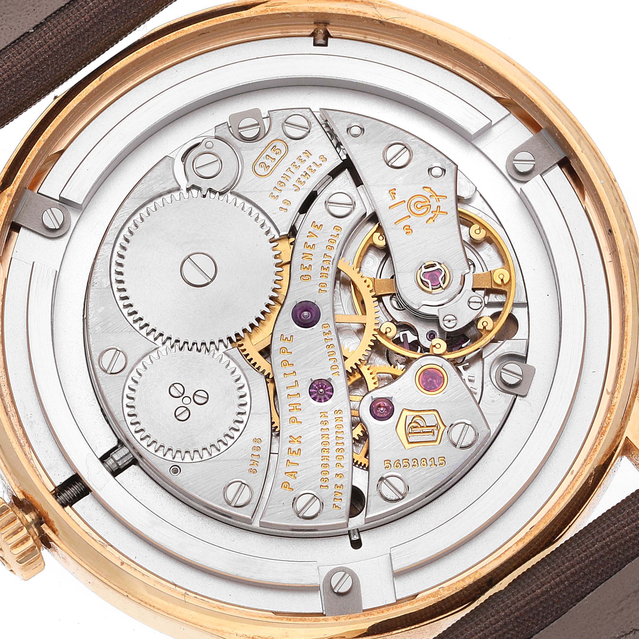 The image shows the back view of a Patek Philippe Calatrava 4897R-001 Women's Rose Gold Brown Dial 4897R-001 Women's Rose Gold Brown Dial watch, highlighting its intricate movement and internal mechanisms.