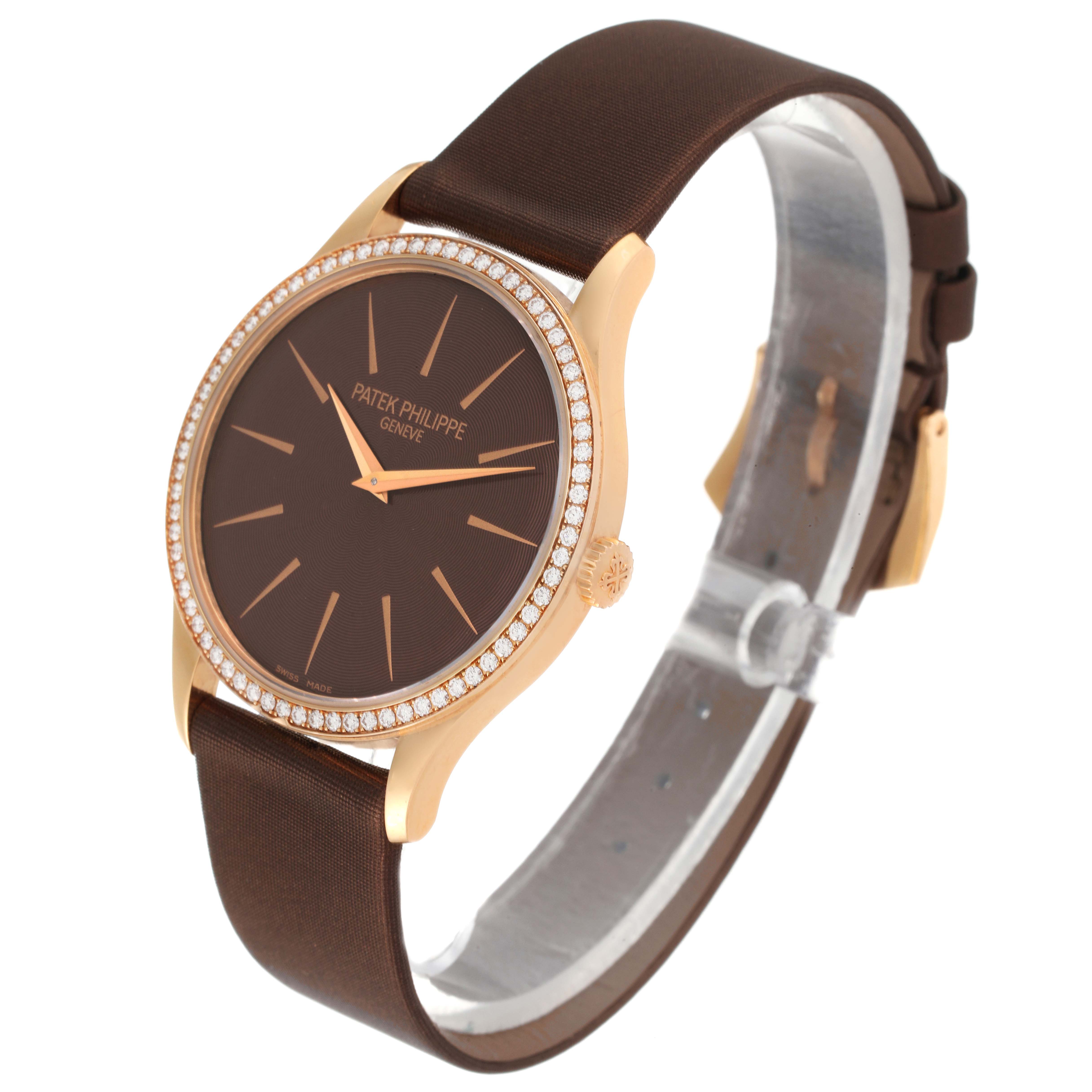 The image shows a side angle of the Patek Philippe Calatrava 4897R-001 Women's Rose Gold Brown Dial 4897R-001 Women's Rose Gold Brown Dial watch, highlighting the dial, bezel, strap, and crown.